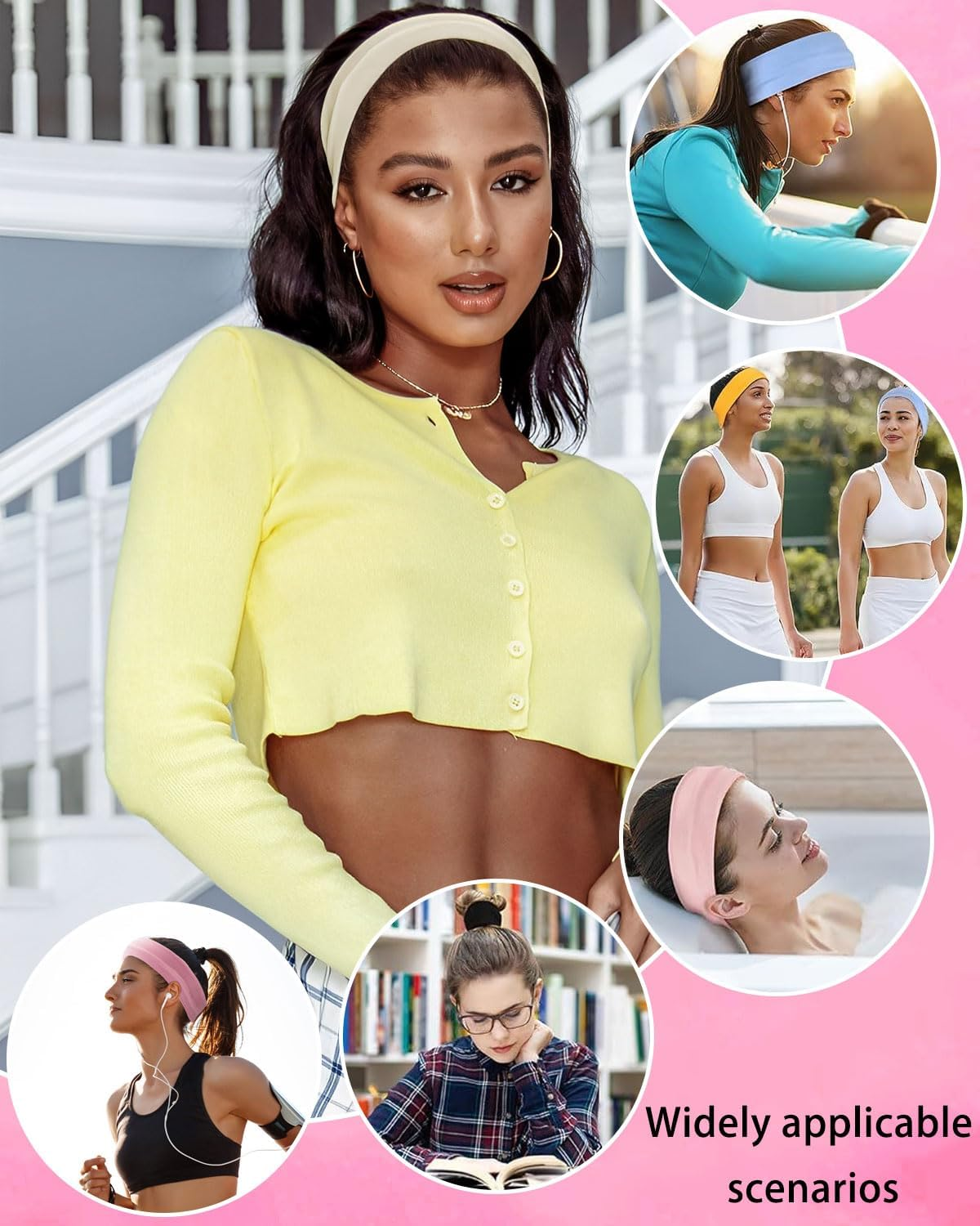 JUKOTA Pack of 5 Hair Bands, 5 Cm Wide Multicoloured Hair Band, Elastic Headband, Non-Slip Headband for Running, Cycling, Fitness, Yoga image number 4