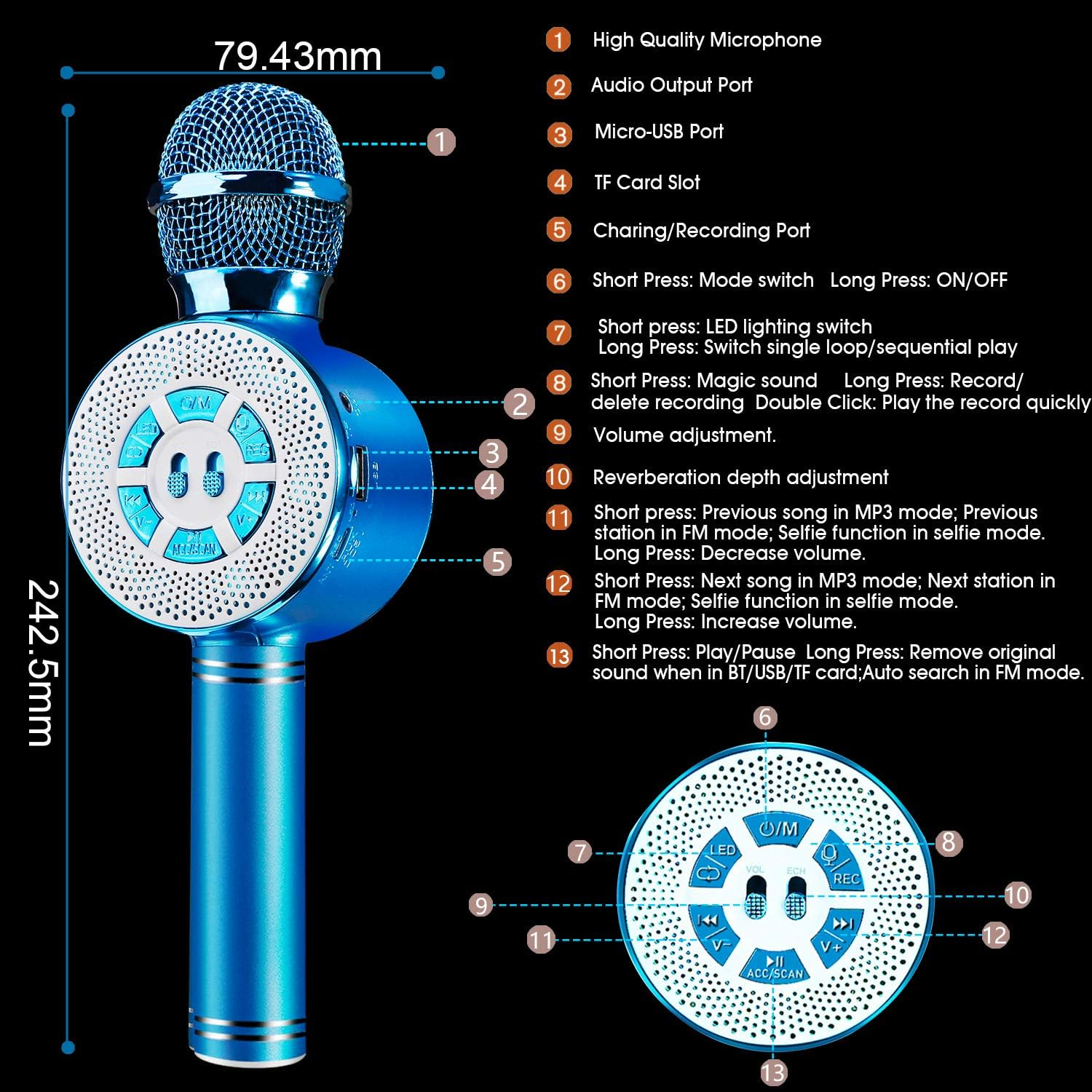 Wireless Bluetooth Karaoke Microphone with LED Lights, 4 in 1 Portable Karaoke Machine Speaker for Android/Iphone/Pc image number 3