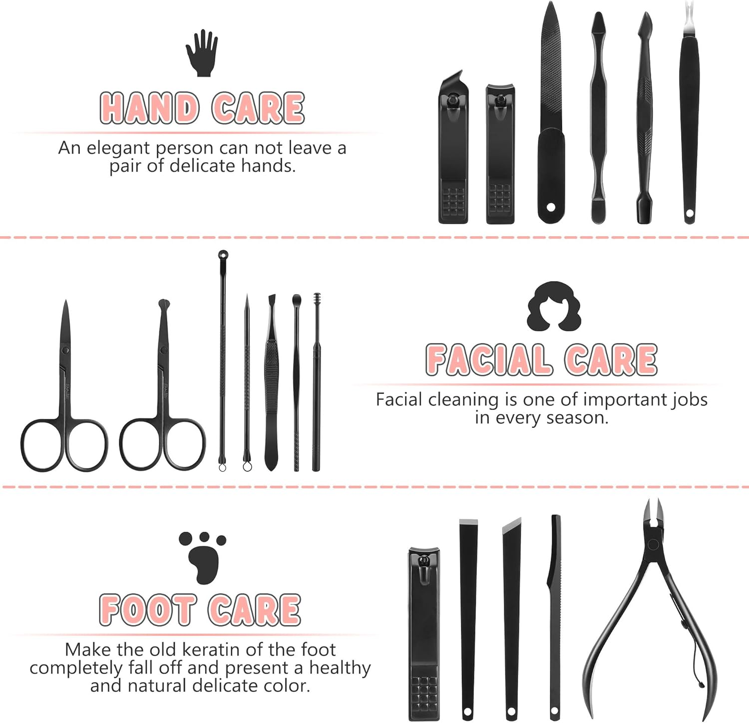 Jubolion Manicure Set, 19Pcs Stainless Steel Professional Nail Clippers Pedicure Set with Black Leather Storage Case, Portable Grooming Kit for Travel or Home, Perfect Gifts for Women and Men (Black) image number 1