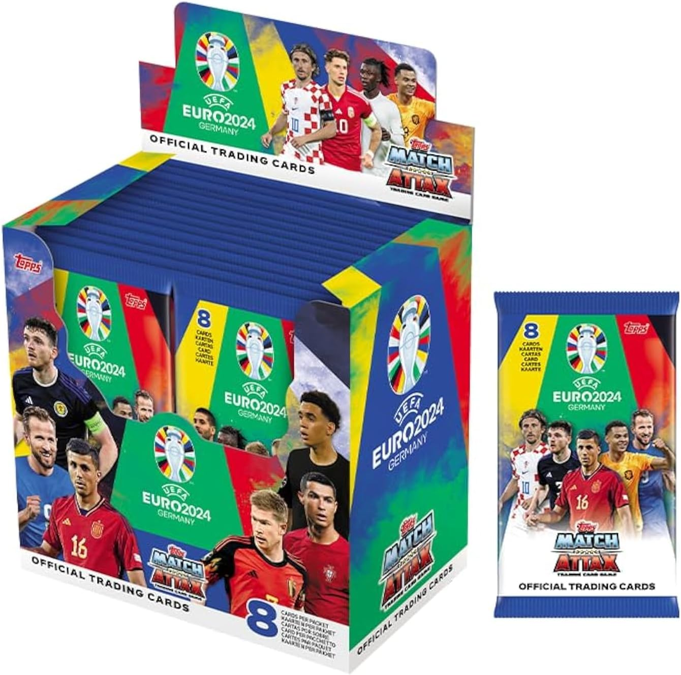 Topps Official Euro 2024 Match Attax - Full Box - 36 Packets of EURO 2024 Match Attax (288 Cards). Ultra-Rare Cristiano Ronaldo Career Celebration to Be Found inside Lucky Boxes.