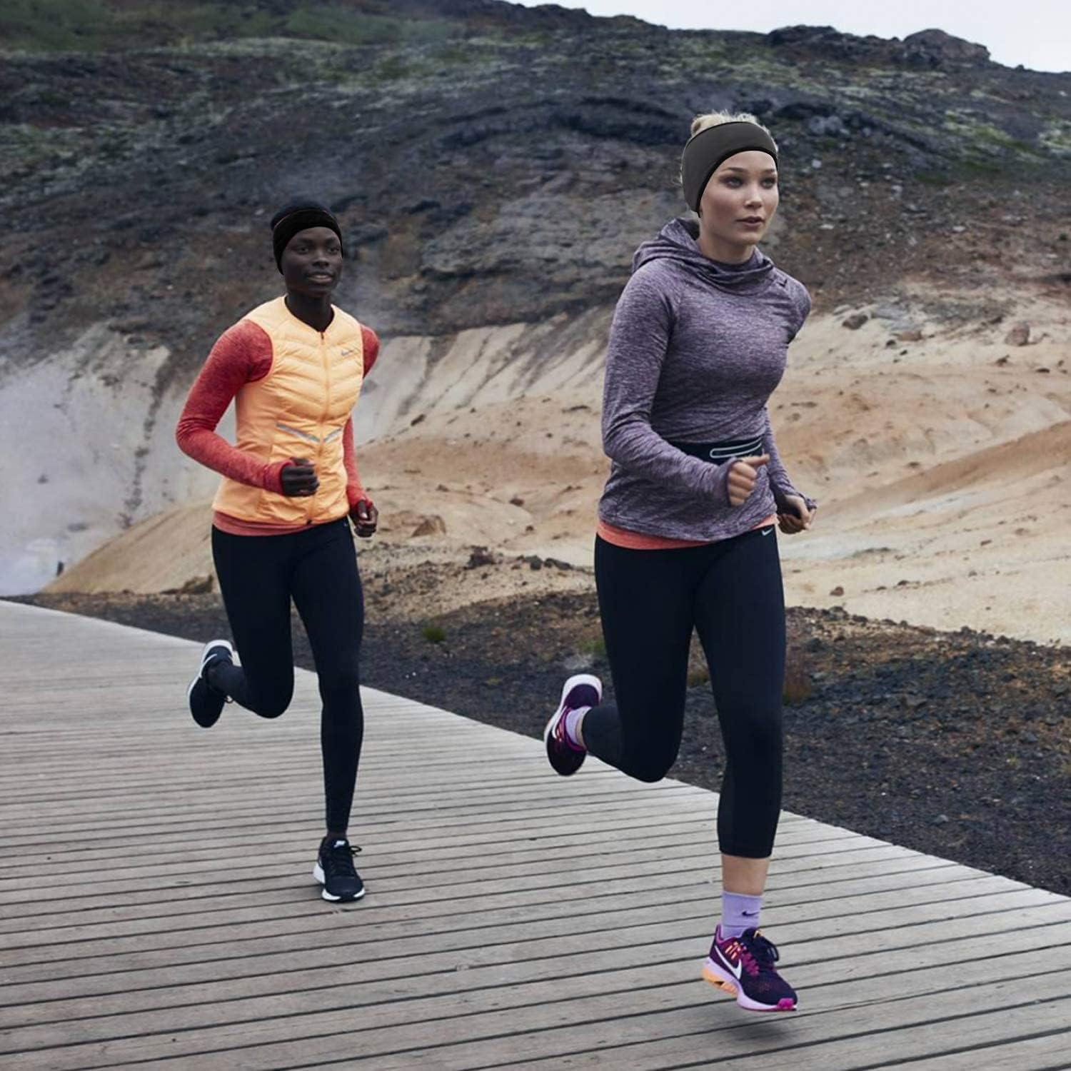 SAVITA 2 Pack Ear Warmers Headband Stretchy Ear Covers Sweatband Ski Winter Headband Earmuff Workout Headbands Moisture Wicking Thermal Sport Headbands for Women Man Girls - Sky Blue And Orange image number 3