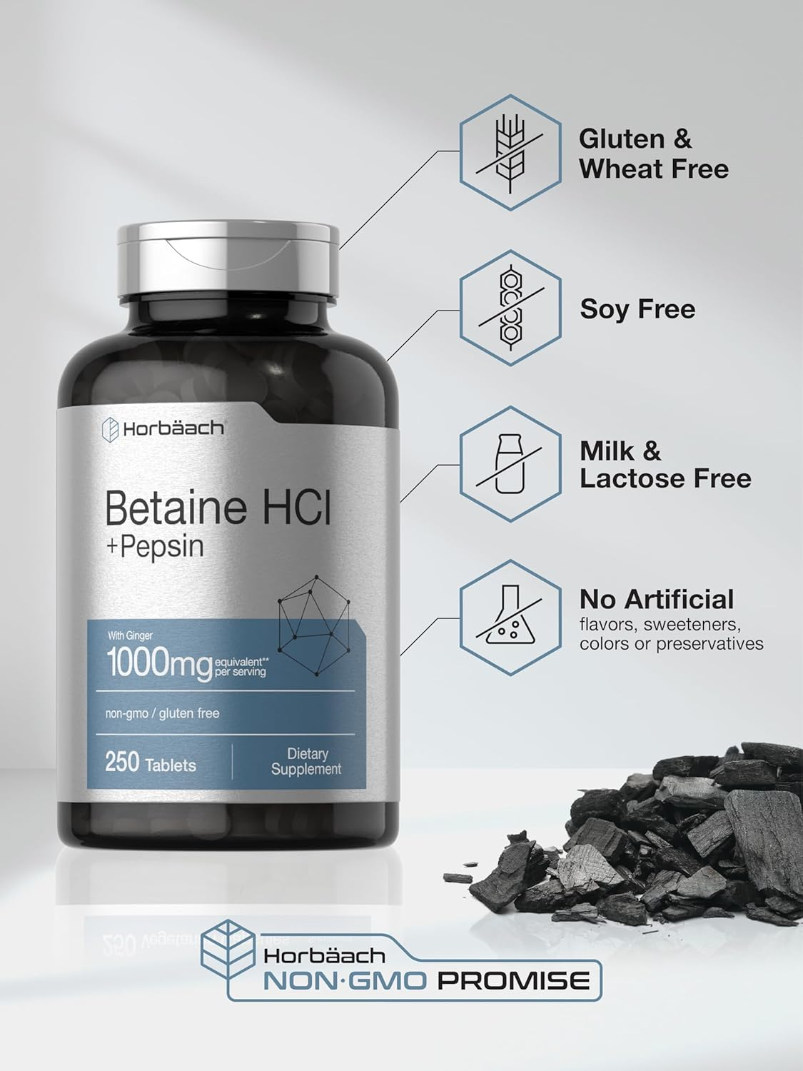 Betaine Hcl with Pepsin | 1326Mg | 250 Capsules | Betaine Hydrochloride Supplement | with Protease | Non-Gmo, Gluten Free, Vegetarian | by Horbaach image number 4