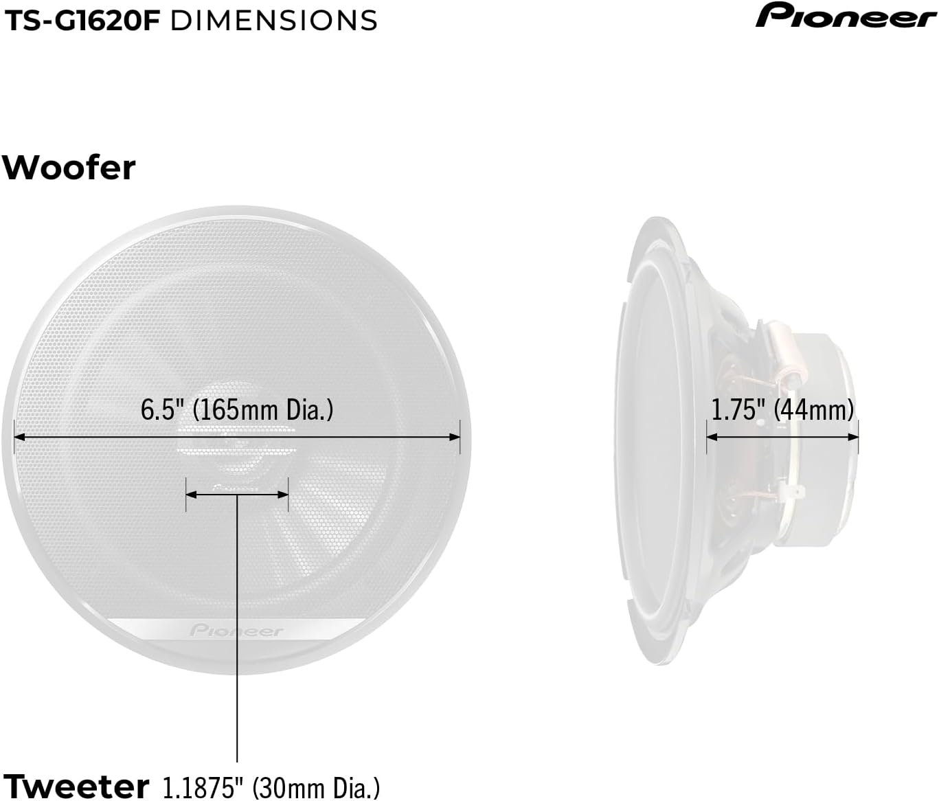 Pioneer TS-G1620F 6-1/2" 2-Way Coaxial Speaker 300W Max. / 40W Nom., 12.90In. X 7.40In. X 3.20In., Black image number 2