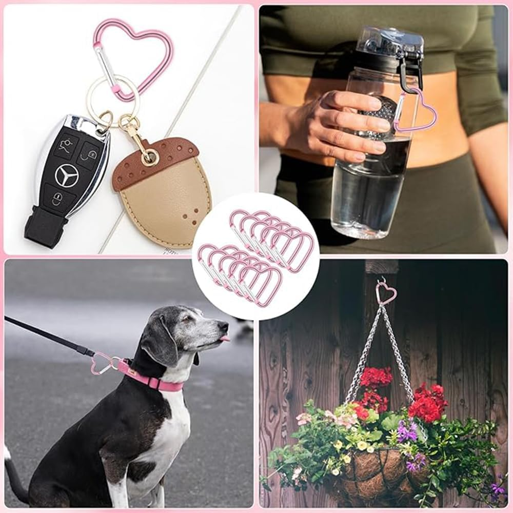 10Pcs Aluminum Alloy Spring Snap Hook Clip Keychain Hook Heart Cute Carabiner Clip Key Holder for Outdoor Camping Fishing Climbing Clips Hammock Key Chain Clip,Heart Shaped Keychain Clip(Pink) image number 4