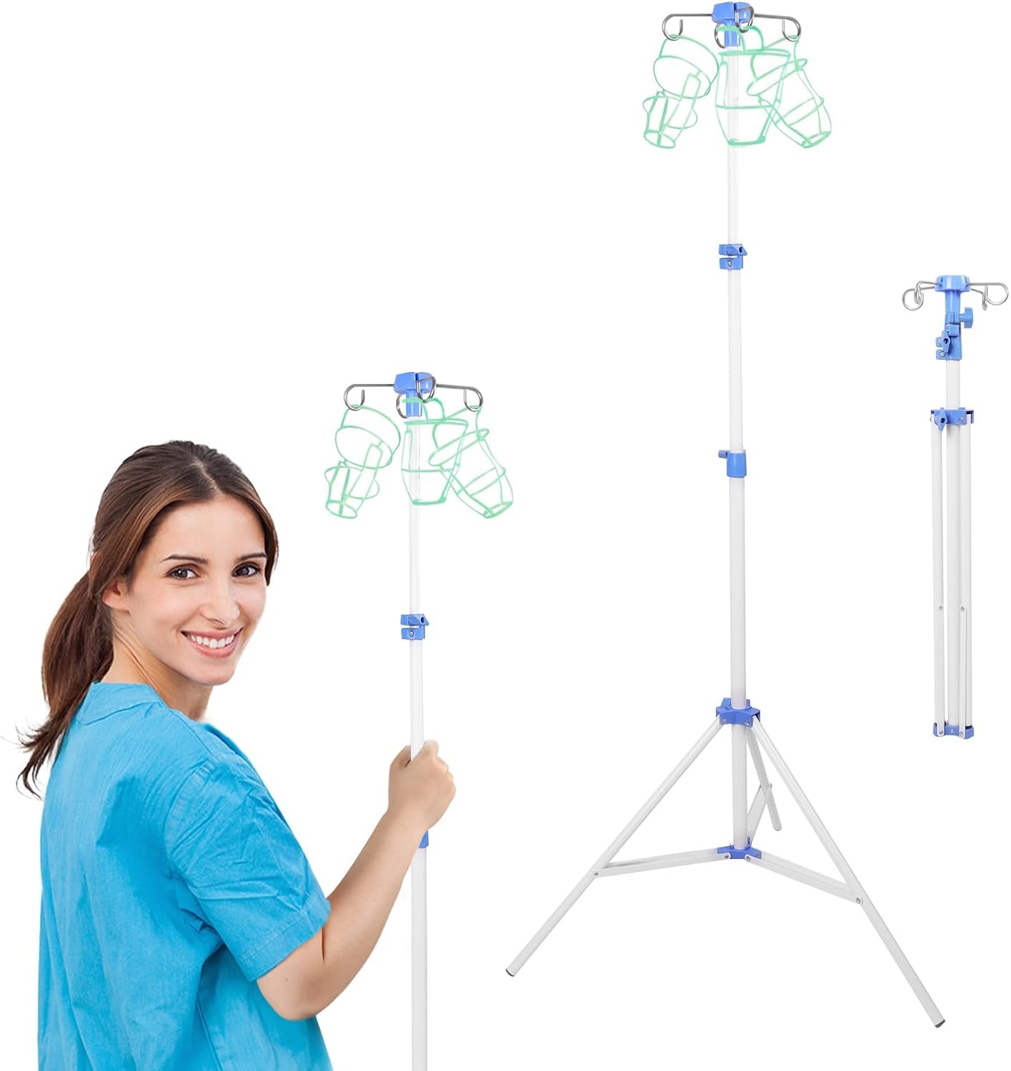 Foldable IV Pole with Portable Bag, Collapsible IV Pole Stand with 3 Nets for Drip Bag, Tripod IV Pole Stand Adjustable, 4 Hooks for Nursing Clinic Home Care Travel, Stable, White, 1 Pcs image number 3