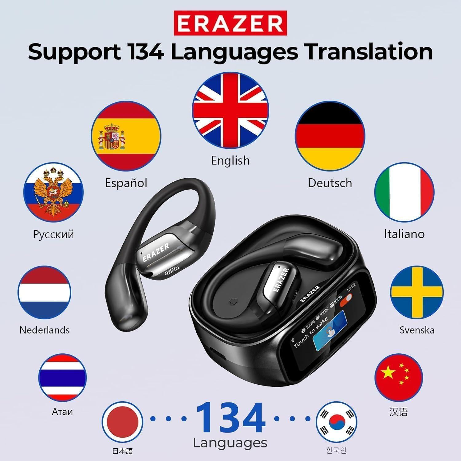 AI Translation Earbuds Real Time, LCD Touch Screen OWS Real-Time Translator Earbuds for 134 Languages, Open Ear Translation Headphones for Travel, Business, Learning, Compatible with Ios & Android