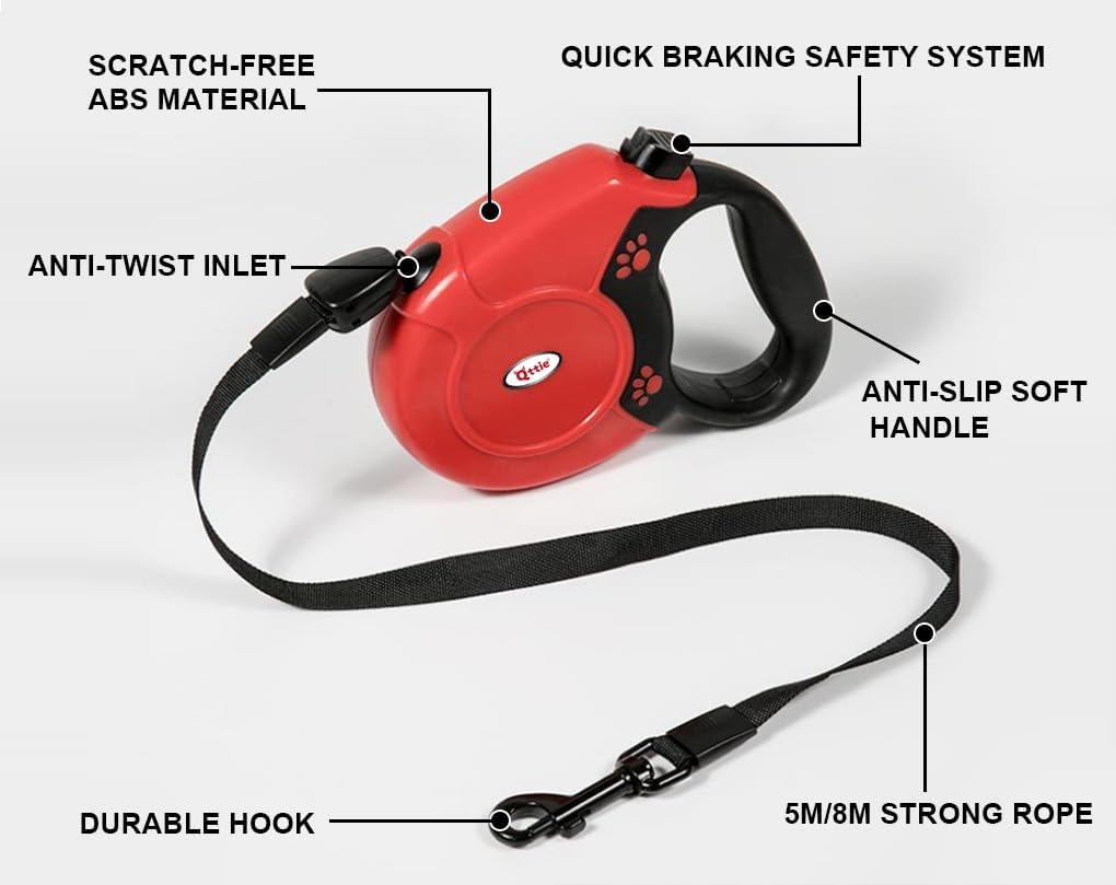 8M Retractable Dog Leash, Hands Free Long Dog Lead,Heavy Duty Dog Walking Leash for Dog, Cat up to 40 Kg, 360&deg; Tangle-Free Strong Nylon Tape, Anti-Slip Handle, Brake,Pause,Lock Red image number 2