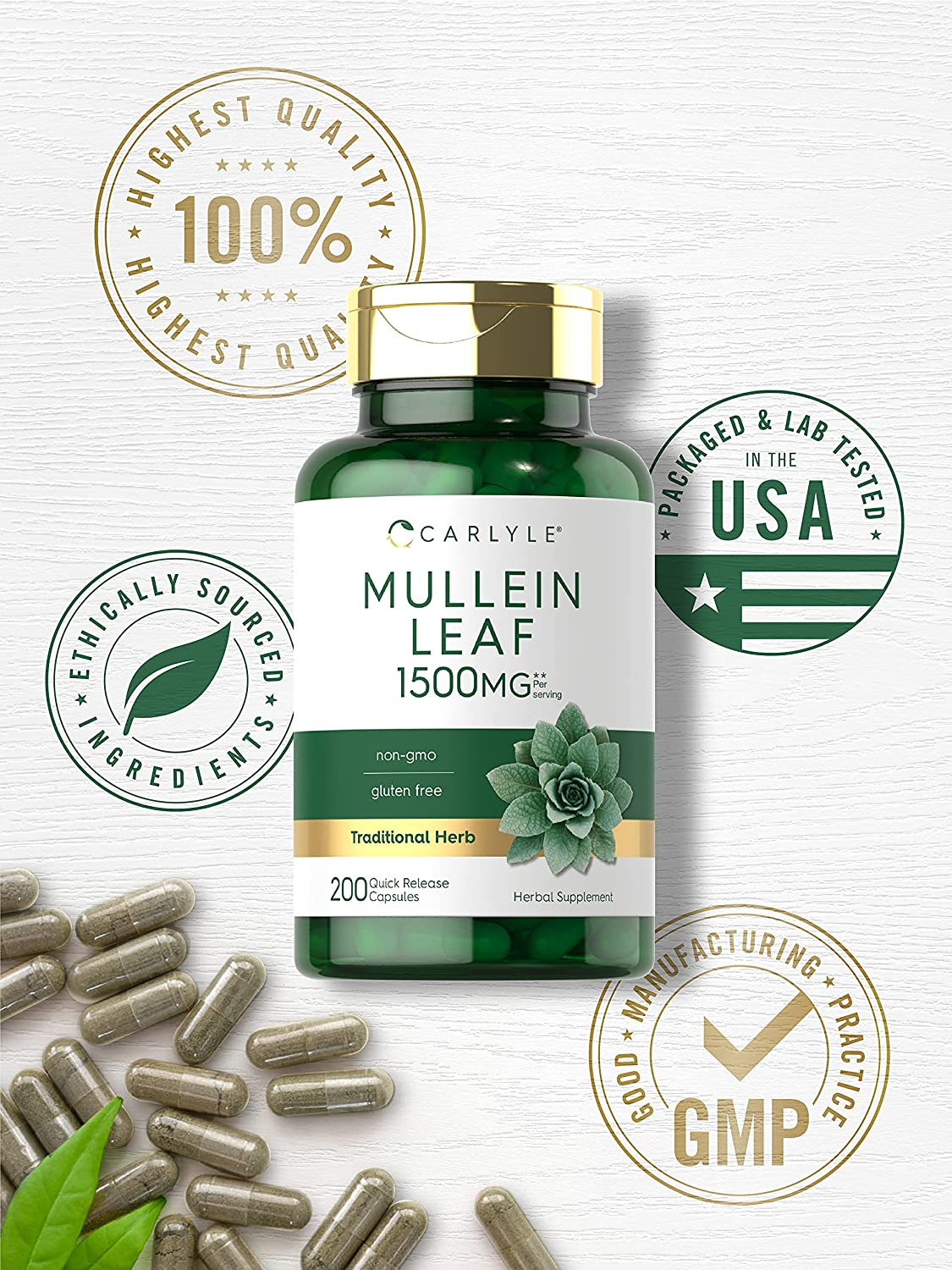 Mullein Leaf Capsules 1500Mg | 200 Count | Verbascum Thapsus | Non-Gmo, Gluten Free Supplement | by Carlyle image number 3