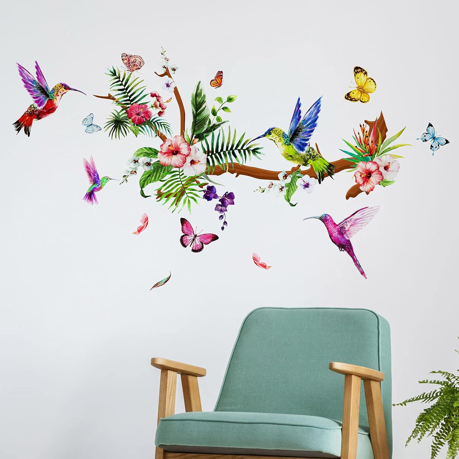 Zonon Hummingbirds Wall Decals Peel and Stick Birds Vinyl Wall Stickers Butterfly Flowers Colorful Hummingbird on the Tree Branch Flower Decals Garden Living Room Bedroom TV Decorations image number 4