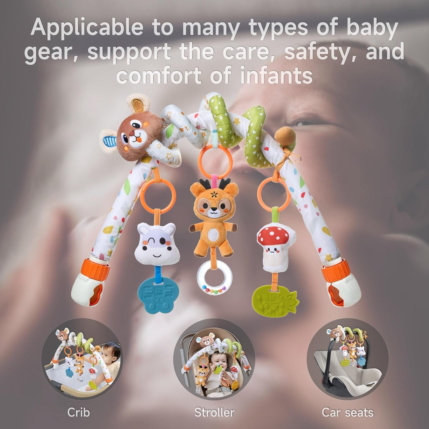 TUMAMA Baby Activity Arch with Bear Spiral Toy, Clips Adjustable and Detachable Sensory Stimulating Hanging Toys Baby Toys 0-3 3-6 Months, Newborn Strollers Bassinets Crib Carseat Toy image number 1