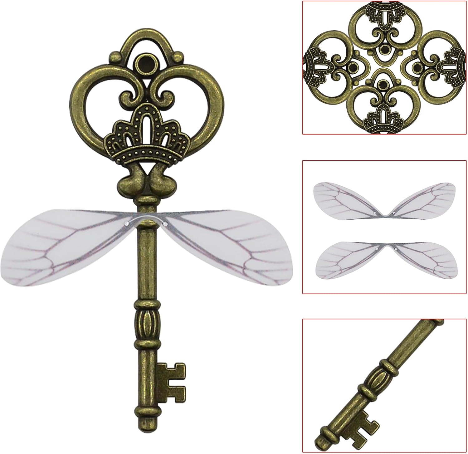 Aokbean 50 PCS Vintage Skeleton Keys Flying Keys with Dragonfly Wings and Clear Fishing Line for DIY Craft Jewelry Making Necklace Bracelet Charms Crafts Party Favor Home Decoration