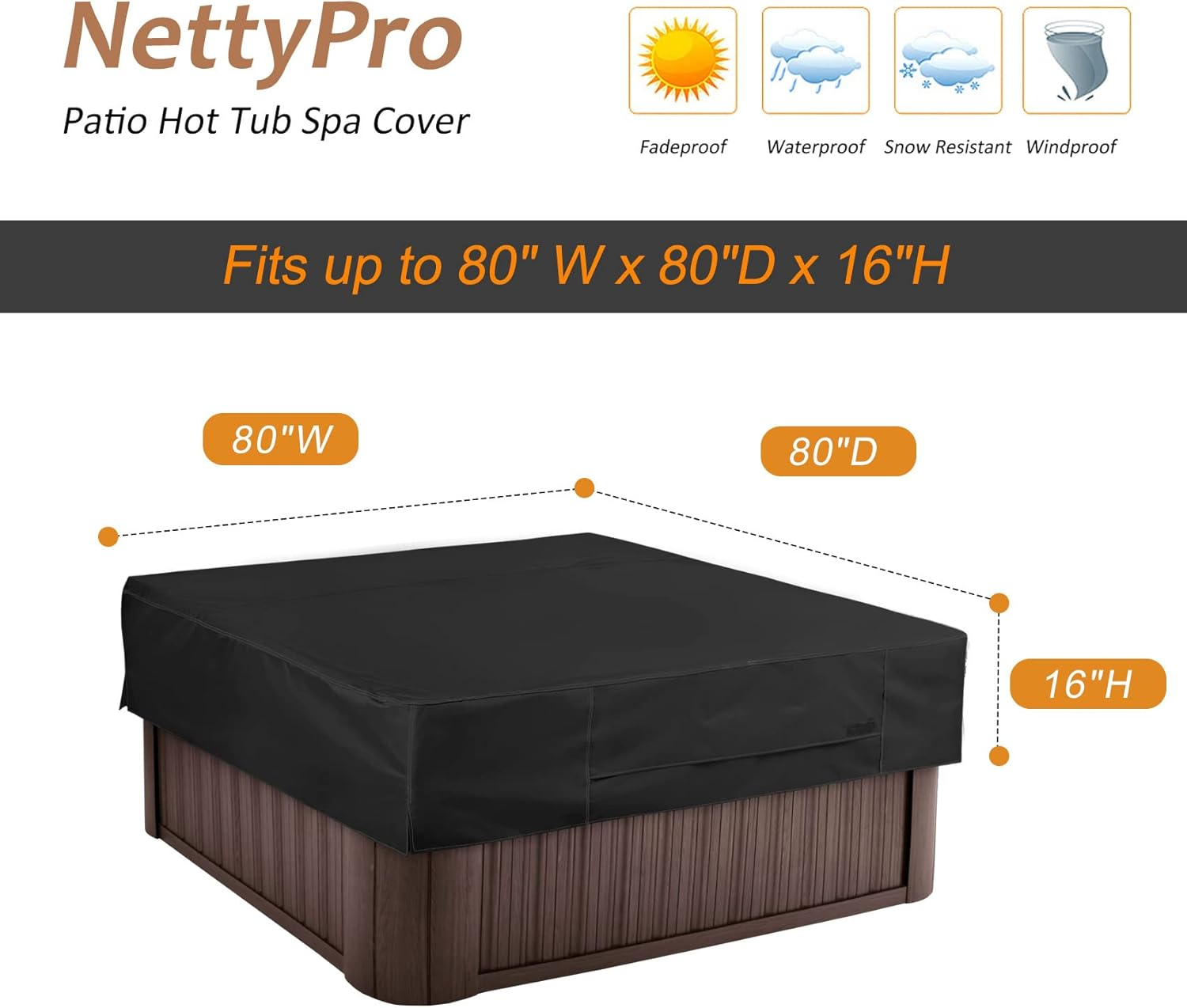 Nettypro Fade Resistant Hot Tub Cover Square 80 X 80 Inch Waterproof Outdoor SPA Cover Protector for Hot Tub, Black image number 7