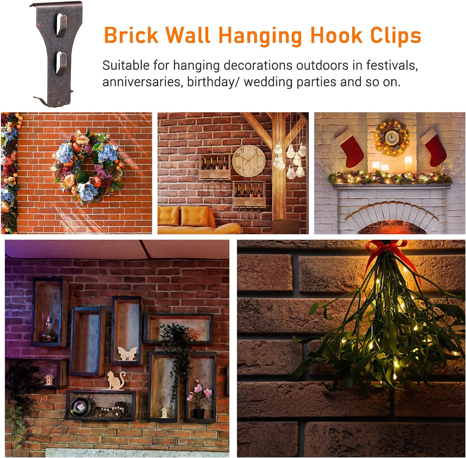 QIUNI 10 PCS Outdoor Hanging Hooks for 60-70Mm Brick Height - No Drilling Sliding Hanger Clips for Festival Birthday Decoration image number 1