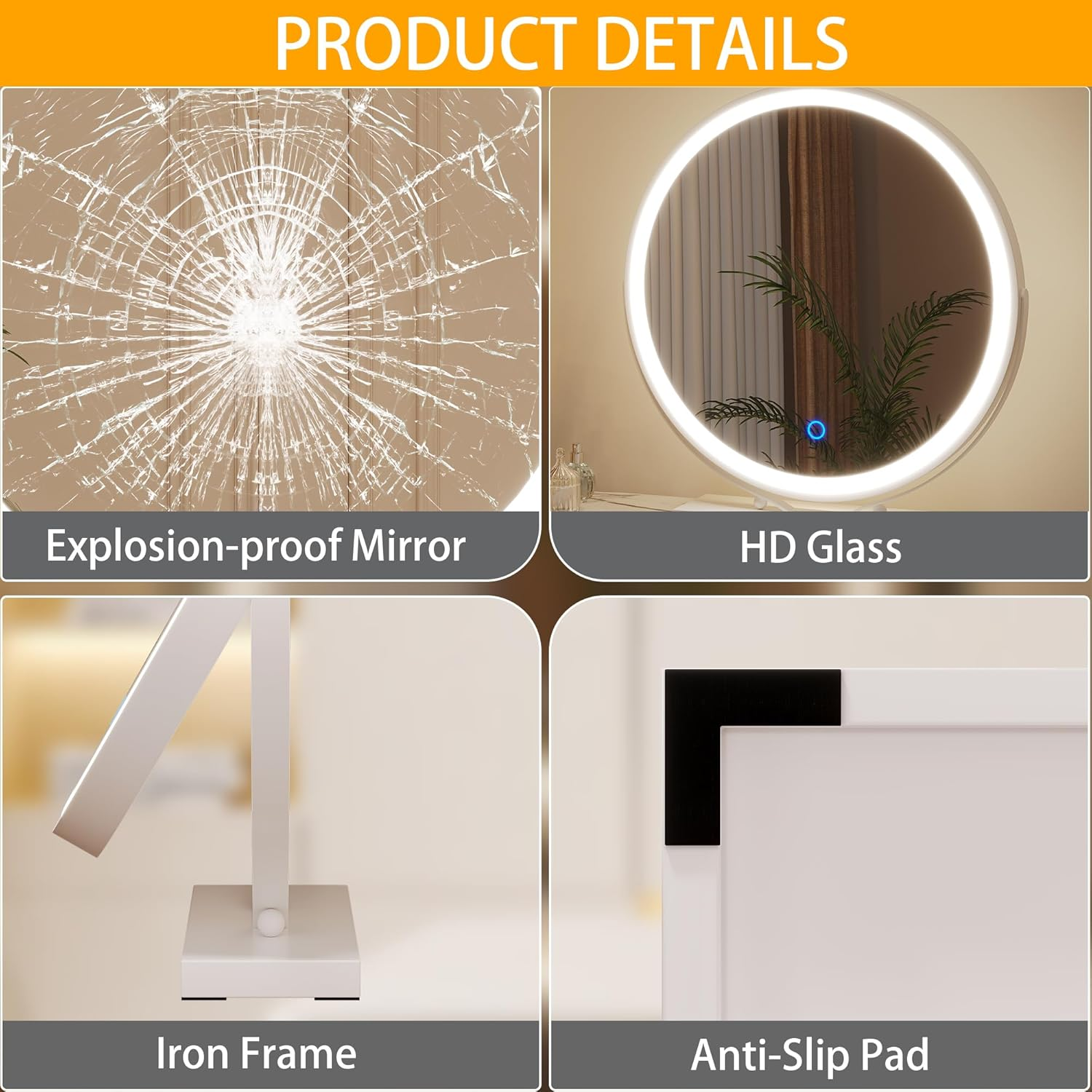 ZKIODV round Vanity Makeup Mirror with Light, 48 X 52 CM LED Lighted Mirror with Dimmable 3 Color Lights, Large Circle Desk Mirror, 360&deg; Light up Mirror for Dresser, Tabletop, Bedroom, White - Round Gold image number 6