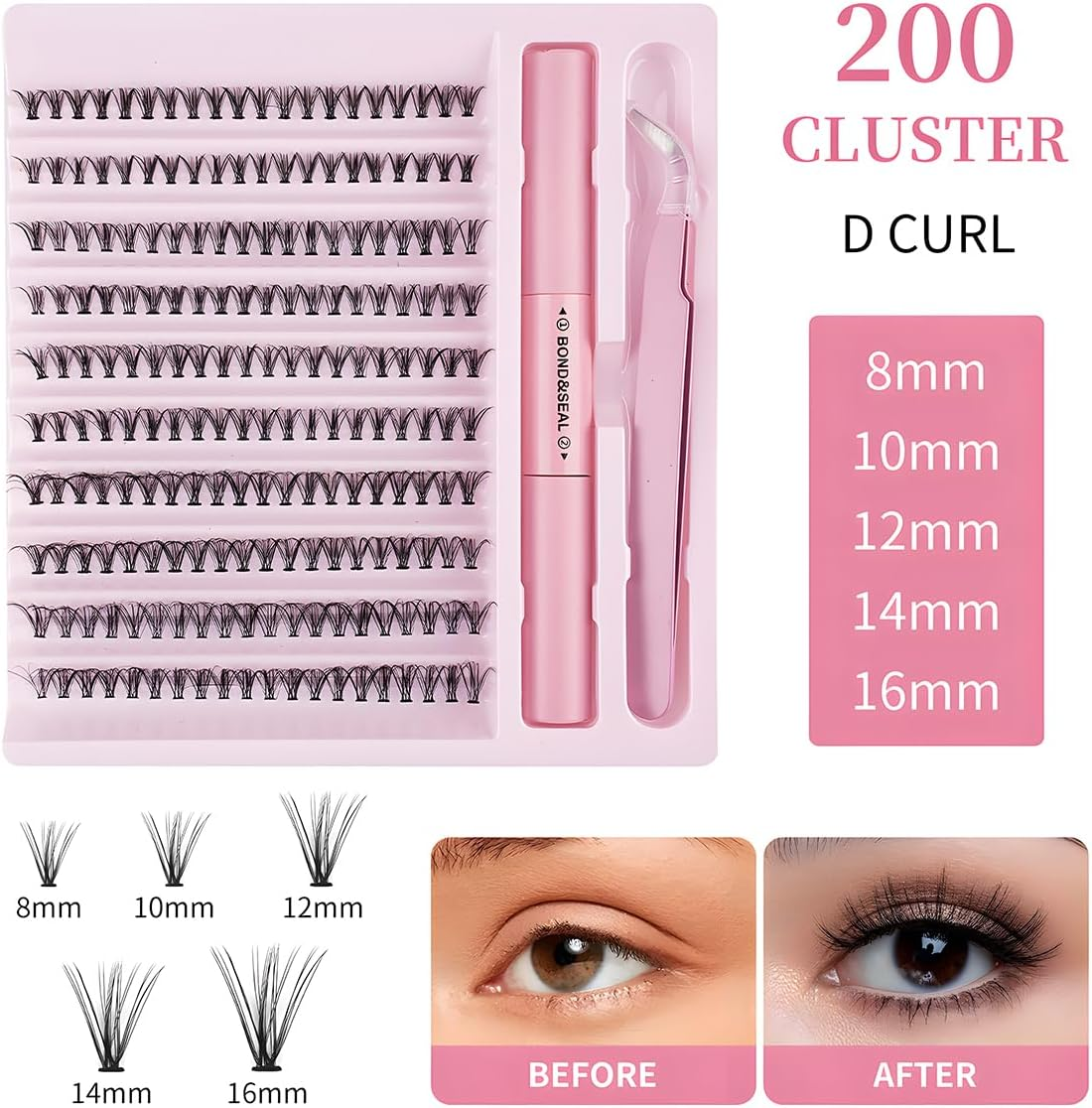 JZS Lash Extensions Cluster DIY Kit - 200Pcs 40D 60D Individual Lashes, 8-16Mm, with Bond & Seal Glue and Applicator,40P image number 4