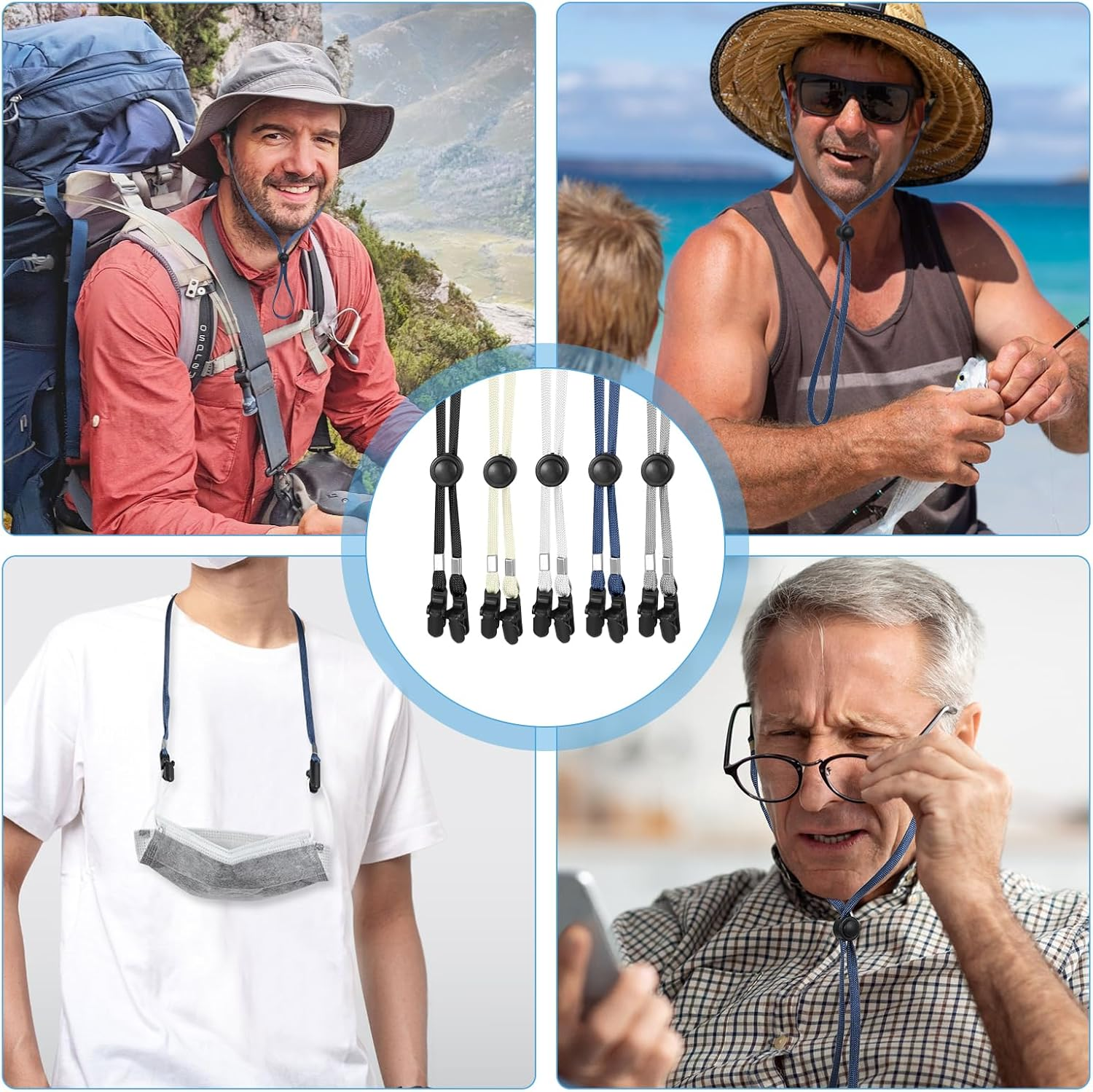 5Pcs Adjustable Hat Strap Clips, Windproof Removable Chin Strap Strap for Hat with Retainer Clip & Cord Lock, Anti-Lost Sun Hat Cap Clips Chin Cord Straps for Golfing Travel Boating Fishing, Black, image number 6