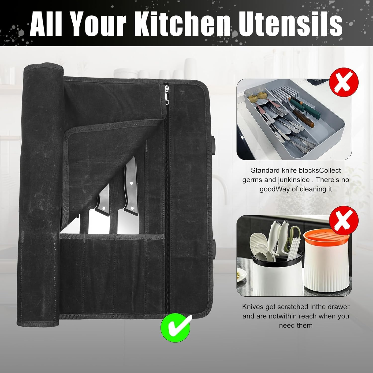 Chef'S Knife Roll Bag - Heavy Duty Waxed Canvas with 11 Slots (10+1 Zipper Pocket), Portable Kitchen Knives Bag for Home/Camping, Waterproof & Shoulder Strap Included (Black) - Black image number 3
