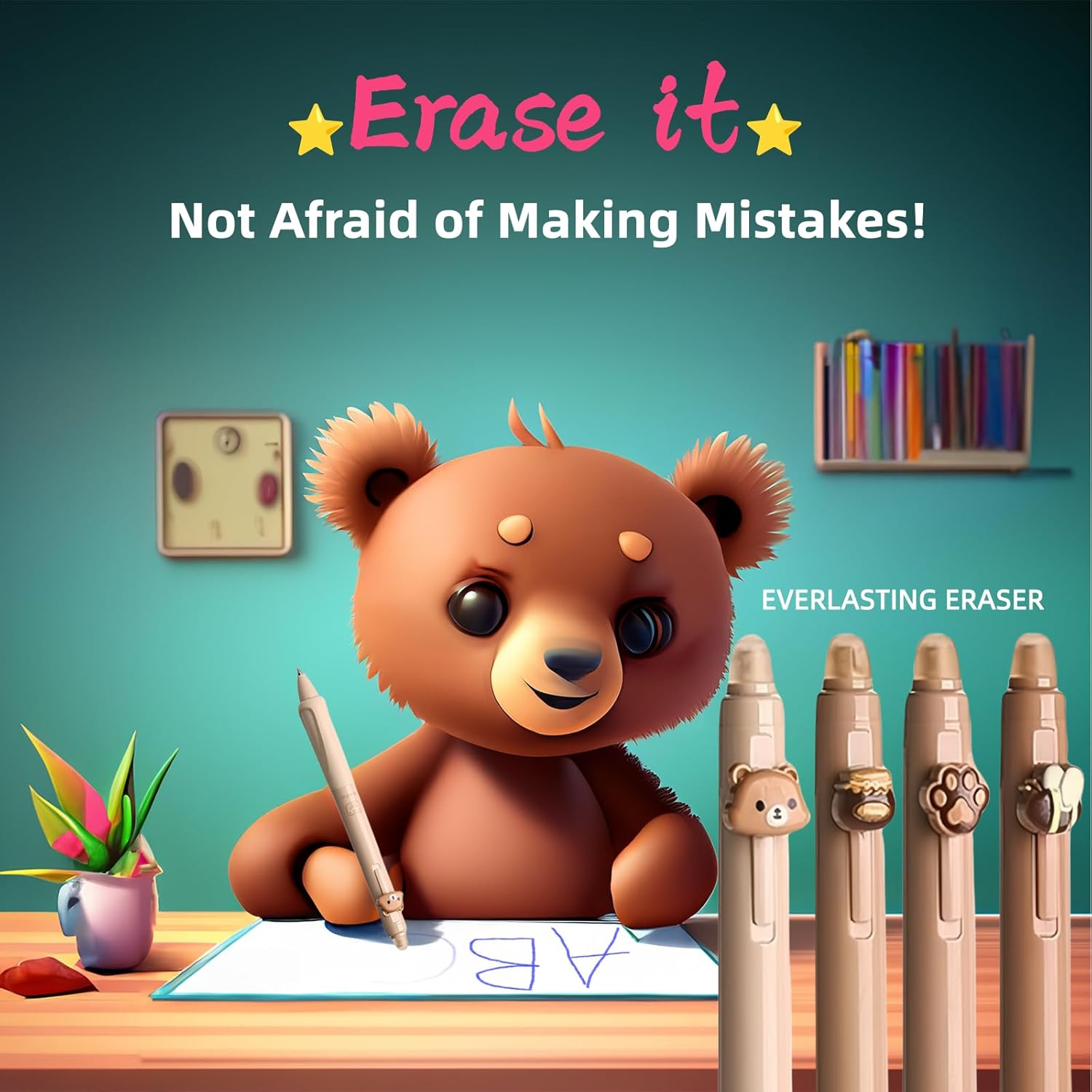 Erasable Ballpoint Pen Set with 4 Animal Pens Bear Bee Paw Honey Pot - Ball at the End for Removing Ink - Blue Ballpoint Pen - Diameter of Lead 0.5 - Erasable Ballpoint Pen