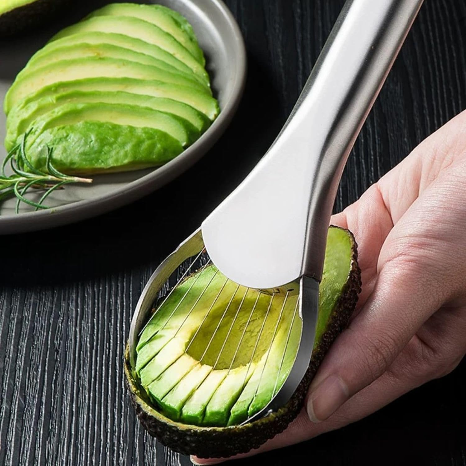 3-In-1 Avocado Slicer Tool, Emptycolor Stainless Steel Avocado Cutter, Pitter & Peeler, Multi-Function Avocado Tool for Slicing, Scooping, and Pit Removal, Kitchen Gadget with Green Plastic Handle image number 2