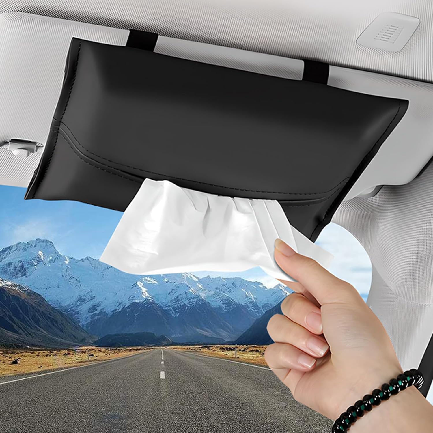 2Pcs Car Tissue Holder, Soft PU Leather Sun Visor Tissue Holder, Napkin Dispenser for Car (Black+White) - Black+White image number 6