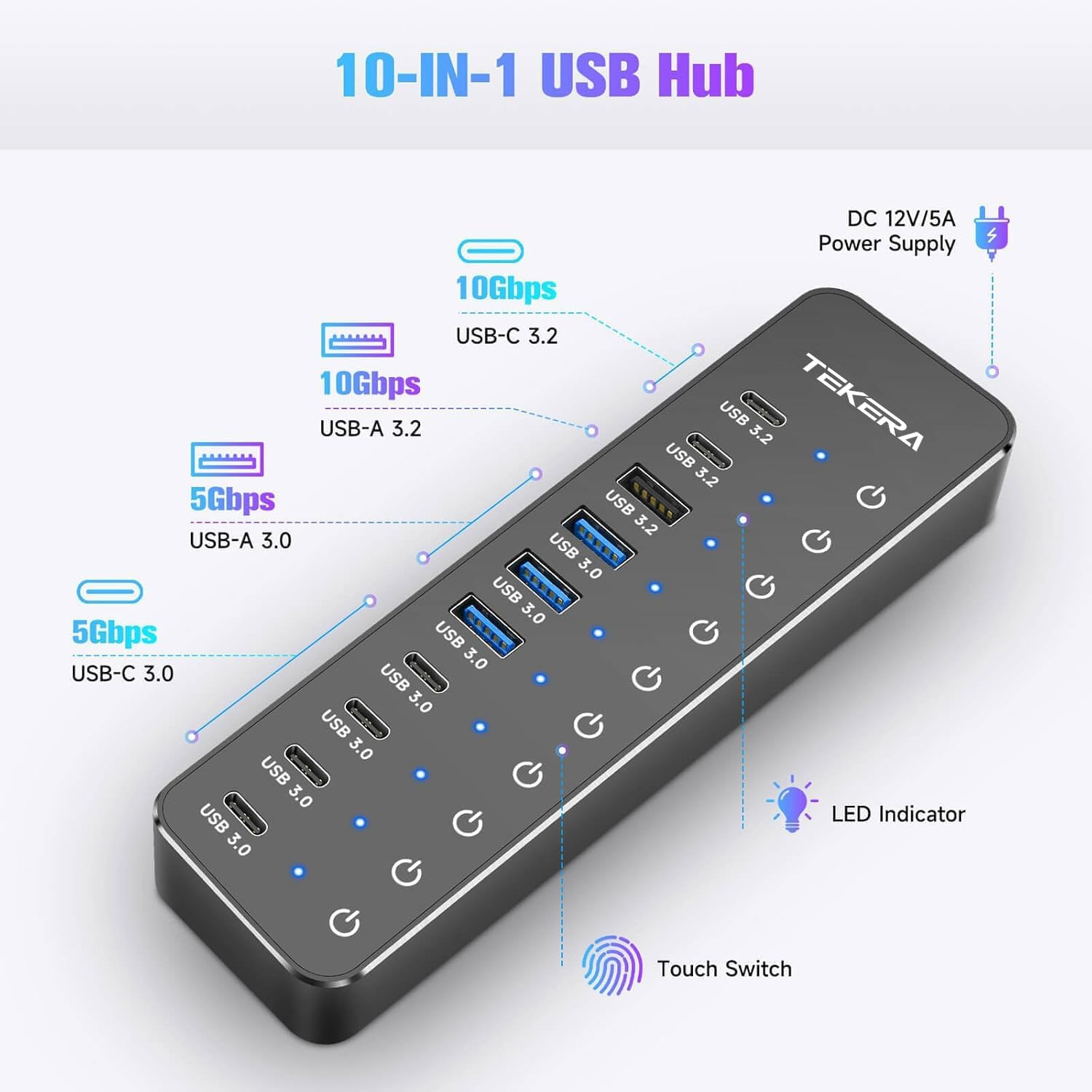 10 Ports Powered USB 3.2/USB C Hub Splitter 60W with 3 X 10Gbps USB 3.2 Ports (2C + 1A),7 X USB 3.0 Ports (4C +3A), 3.3Ft Cable and Individual Touch Switches for Laptop PC image number 5