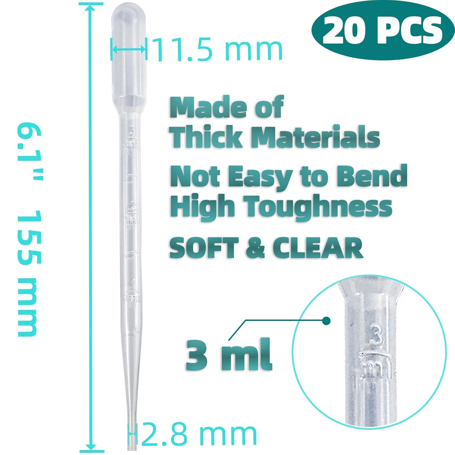 Zkupanx 20 PCS Pipette 3ML - Flexible Eye Dropper for Accurate Liquid Transfer, Excellent Suction - Perfect for Oils, Resin, Crafts, Labs, Kids Activities - Plastic Pipettes, Droppers, Eye Droppers image number 5