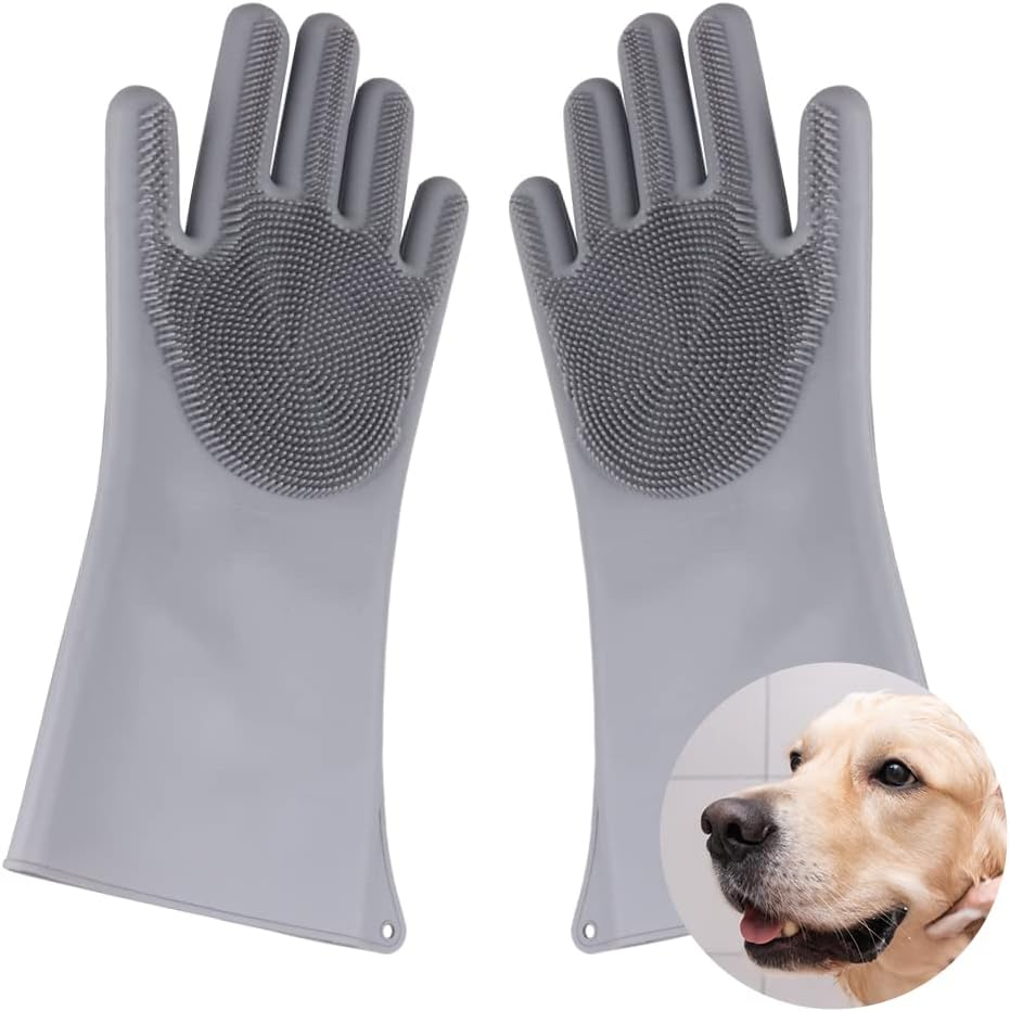 Comfpet Dog Washing Gloves for Hair Removal, Cat Grooming Gloves, Bathing and Massaging for Puppy and Kitty, Food Grade Silicone (Gray)