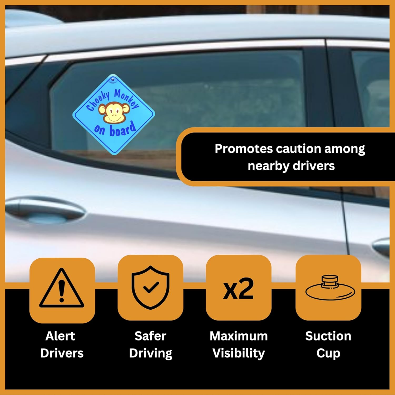 Blue Cheeky Monkey on Board Car Sign | Twin Pack | Baby on Board Sign for Car | 5.5" X 5.5" with Suction Cup | Baby Car Sticker | Fun Baby on Board Badge for Kids Safety image number 4