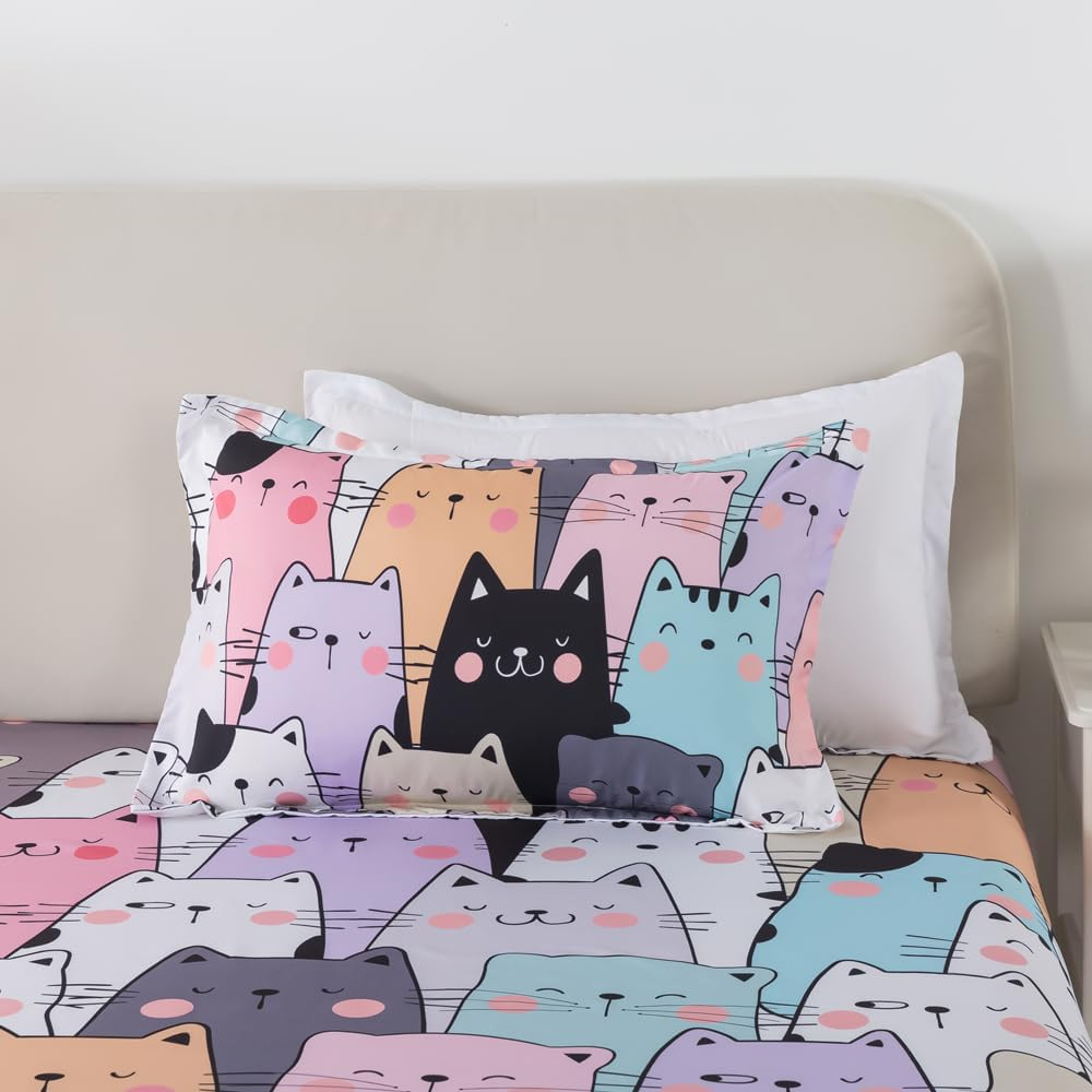 ADASMILE a & S Kids Bedding Cartoon Cat Sheet Set Queen Size for Girls Teens 4 Pieces Kawaii Cat Animal Bed Sets with Kitten Fitted Sheet 1 Flat Sheet 2 Pillowcases All Season Bedroom Decor image number 1