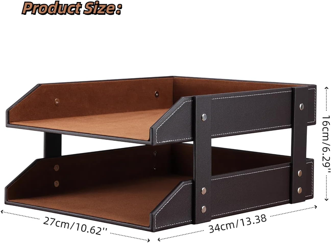 KINGFOM Office Desktop Files Collection Letter Tray A4 Print Papers Document Holder Leather Wooden Structure 2 Trays (Brown) A230-Brown image number 2