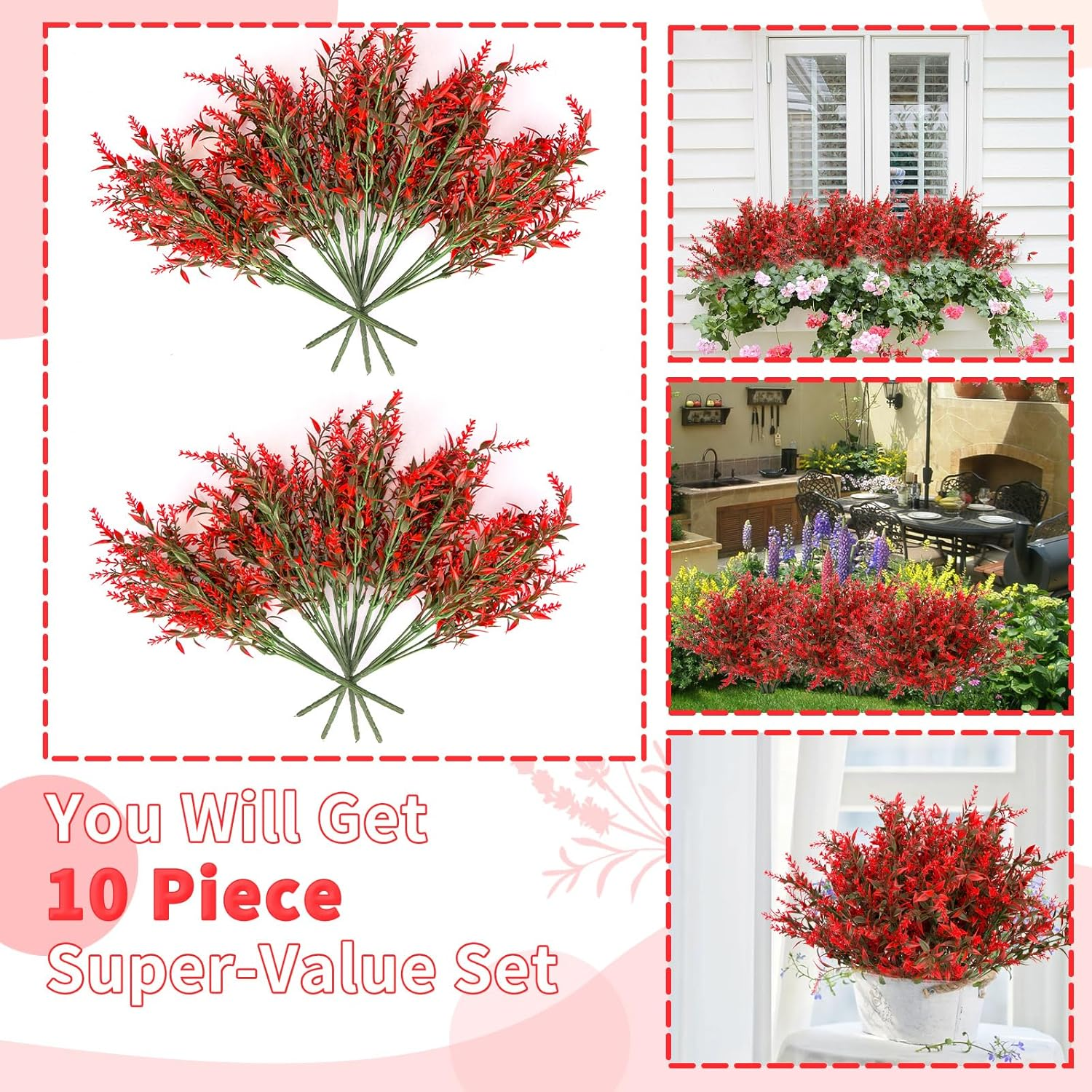 10 Pcs Artificial Flowers Artificial Greenery Lavender Fake Flowers UV Resistant Shrubs Artificial Plants for Indoor outside Garden Home Wedding Farmhouse (Red) - Red image number 4