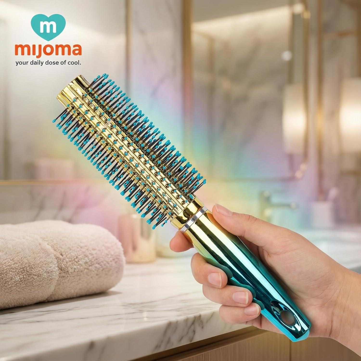 MIJOMA Nylon Bristle Hair Brush - Iridescent Metallic Finish - Ergonomic Handle - Ideal for Daily Styling & Grooming (Round Brush - 23Cm) image number 2