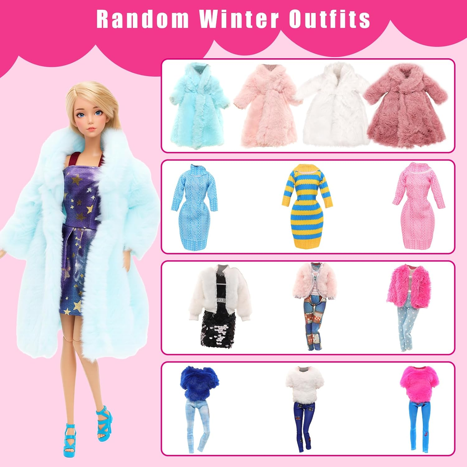 BARWA 25 Pack Doll Clothes and Accessories Handmade Including 1 Winter Coat 2 Sweater 1 Trousers Sets 3 Fashion Dresses 3 Outfits Tops and Pants 5 Mini Party Skirt and 10 Shoes for 11.5 Inch Dolls image number 6