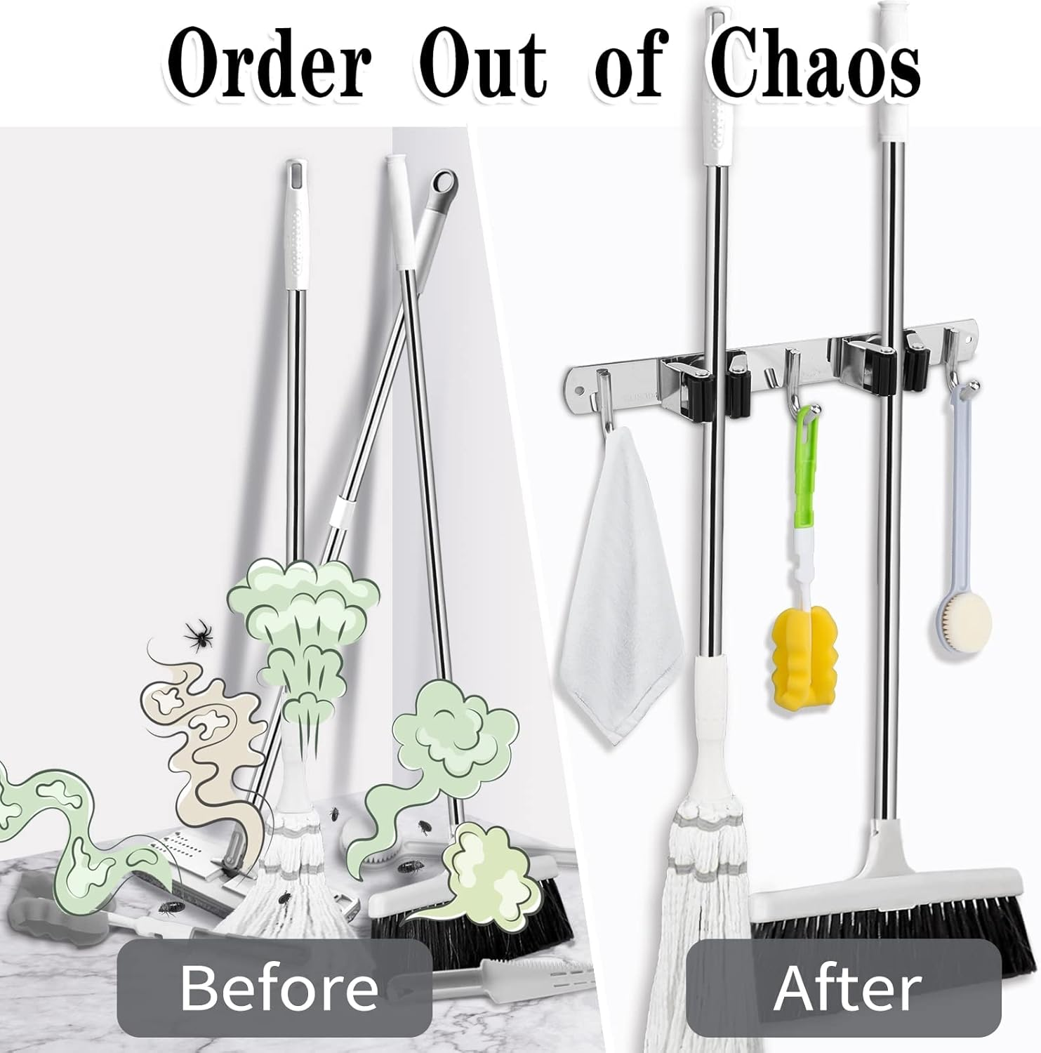 Broom and Mop Holder Wall Mounted Garage Organizer Storage Tool Racks Stainless Steel Heavy Duty Hooks Self Adhesive Solid Non-Slip Rustproof Durable Wall Hangers for Home, Kitchen, Garden, Laundry Room, Garage Organization and Storage (2 Racks & 3 Hooks) image number 5