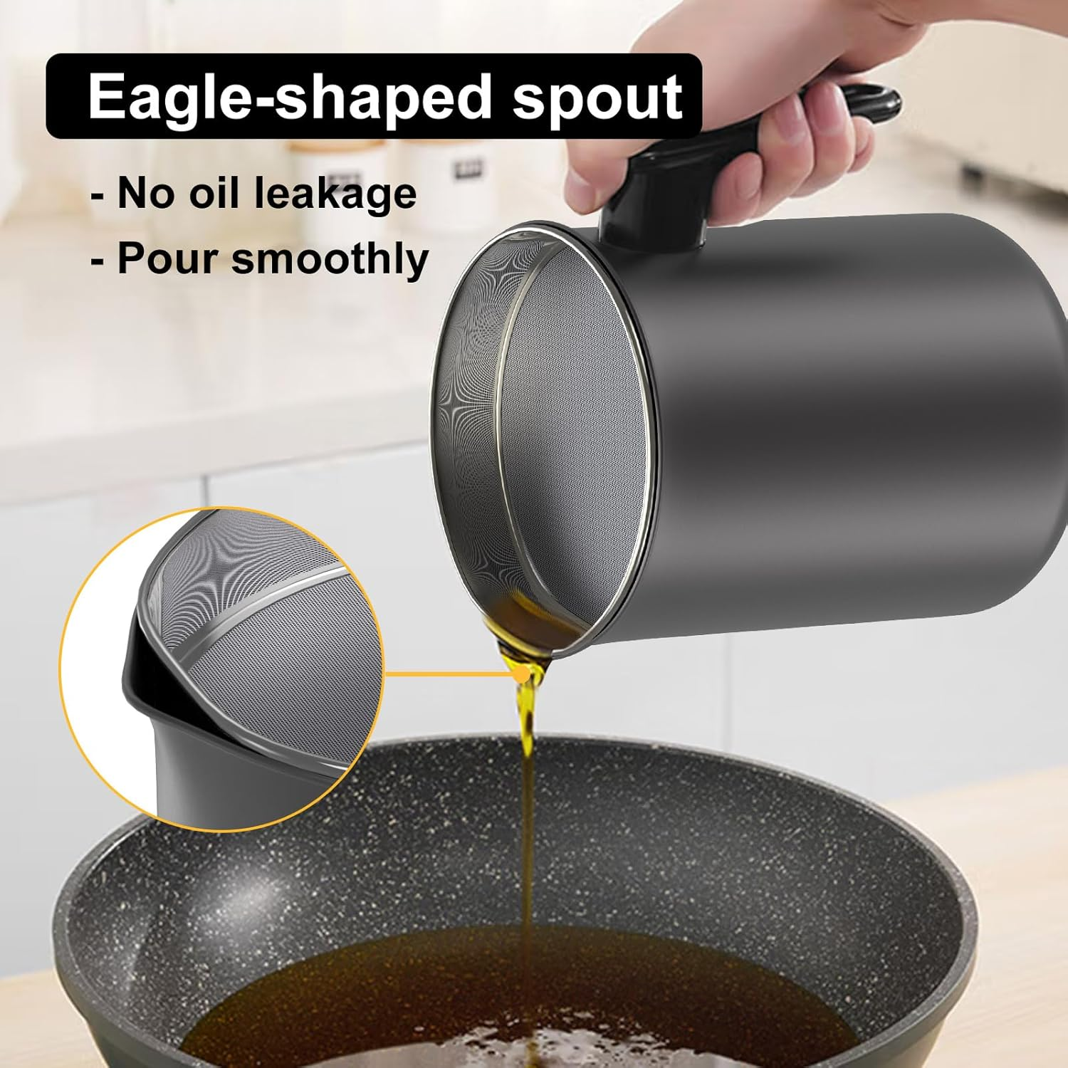 Bacon Grease Container with Fine Mesh Strainer - 1.7L / 6.8 Cups Cooking Oil Storage Can with Removable Dustproof Lid and Coaster Tray - Oil Pot for Used Cooking Oil, Fat, Frying Oil, Kitchen Fat image number 5