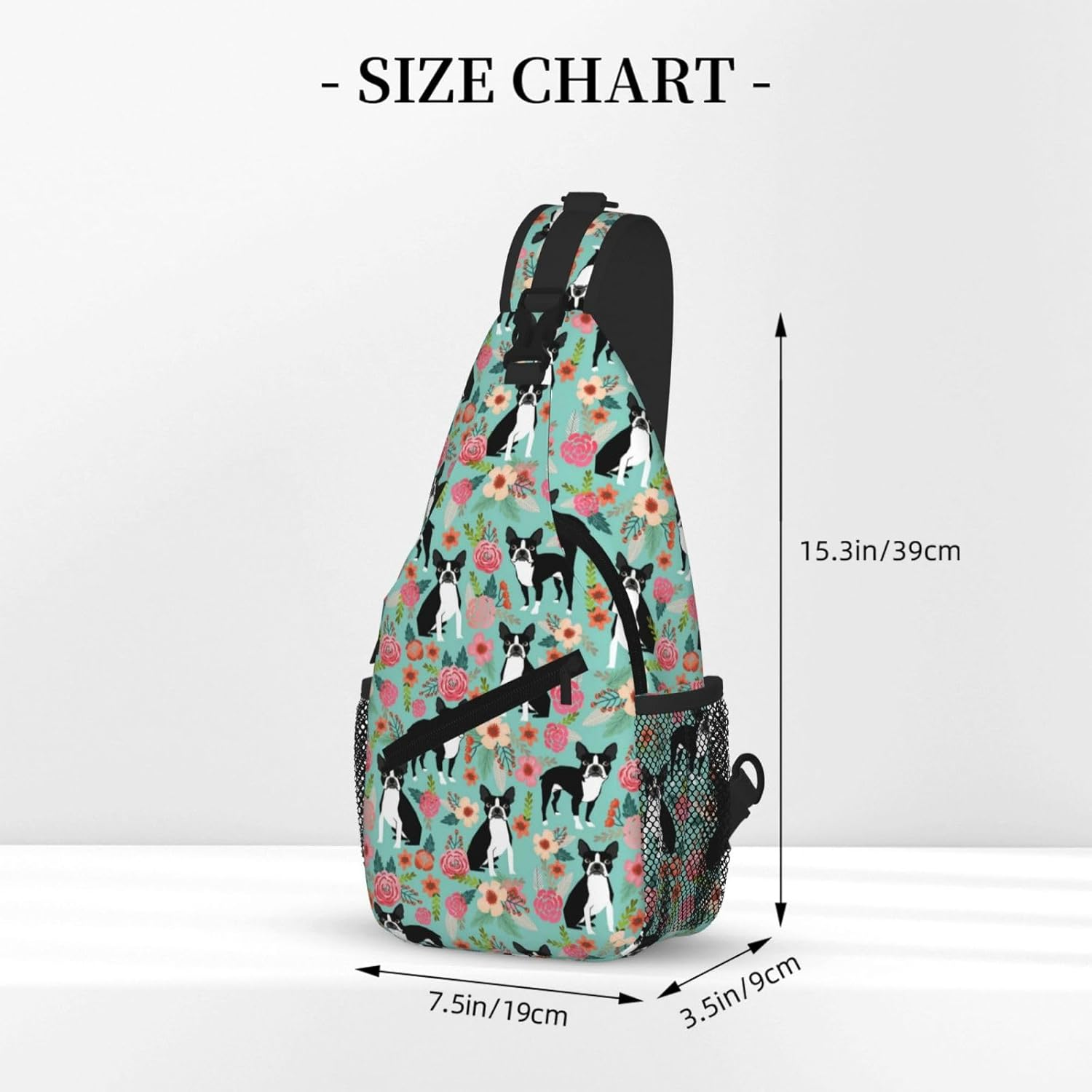 Cozimangoe Sling Bag for Woman and Man Reversible Shoulder Strap Crossbody Backpack Travel Hiking Biking Climbing Outdoors, Personalized Patterns, Boston Terrier with Flowers image number 3