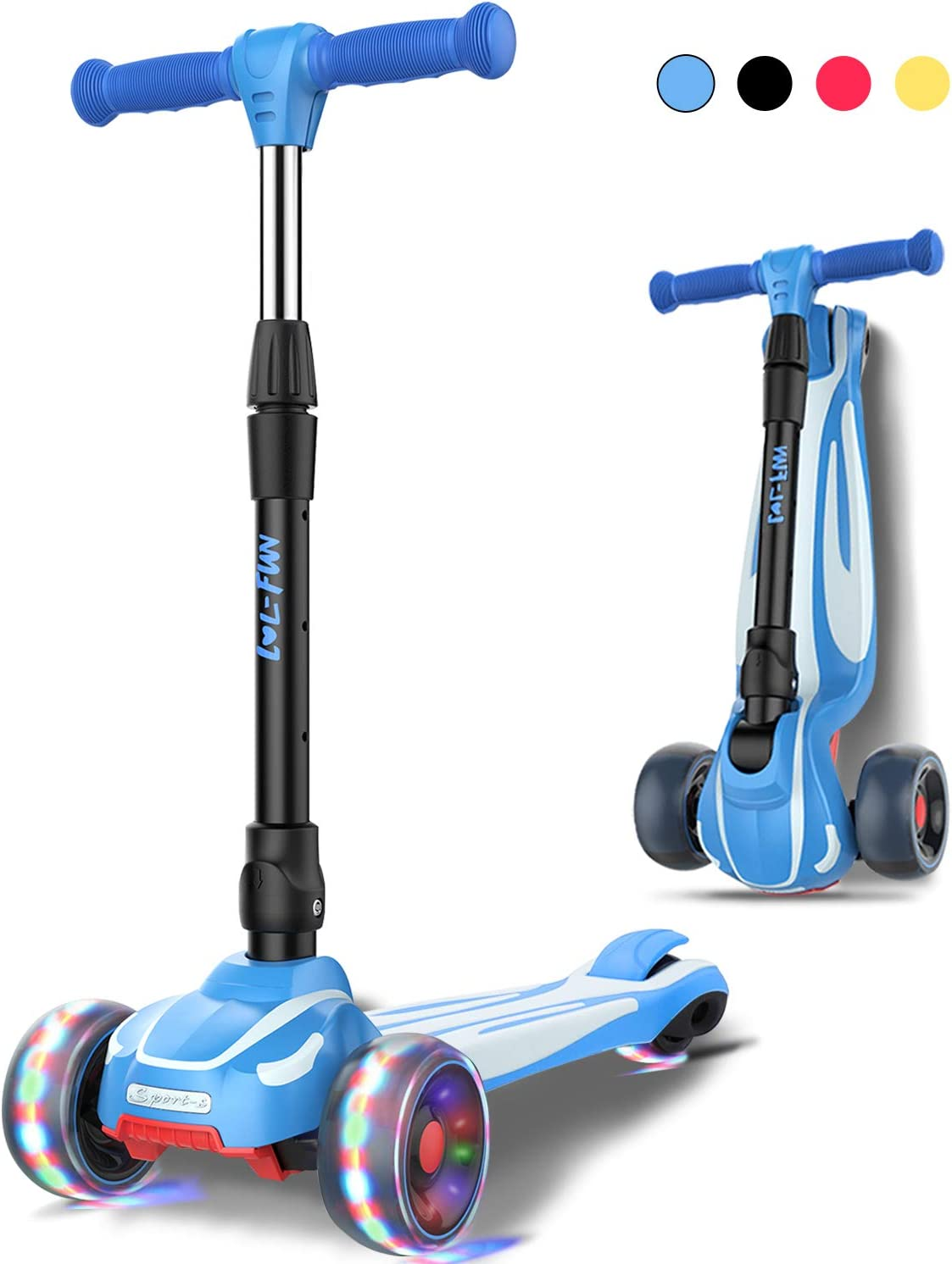 LOL-FUN Toddler Scooter for Kids Ages 3-12 Years Old Boy Girl with 3 Wheel LED Lights, Extra-Wide Childrens Foldable Kick Scooter Kids Ages 3-5 with 4 Adjustable Height and Lean-To-Steer