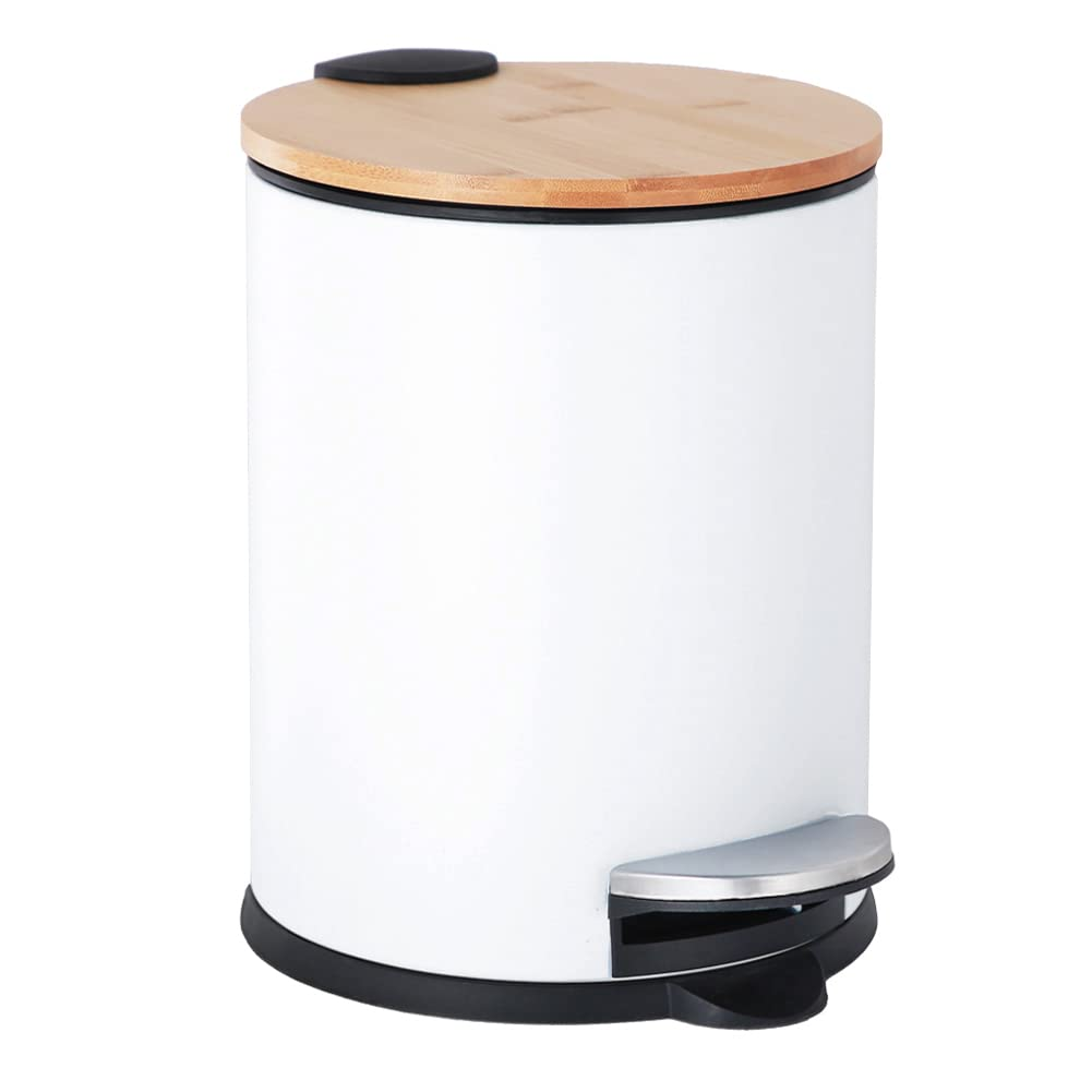 Trash Can with Bamboo Lid, 3L Pedal Bin, Mini round Trash Bin with Removable Plastic Inner Wastebasket for Bathroom, Bedroom, Powder Room, Office, Desk, Car (White)