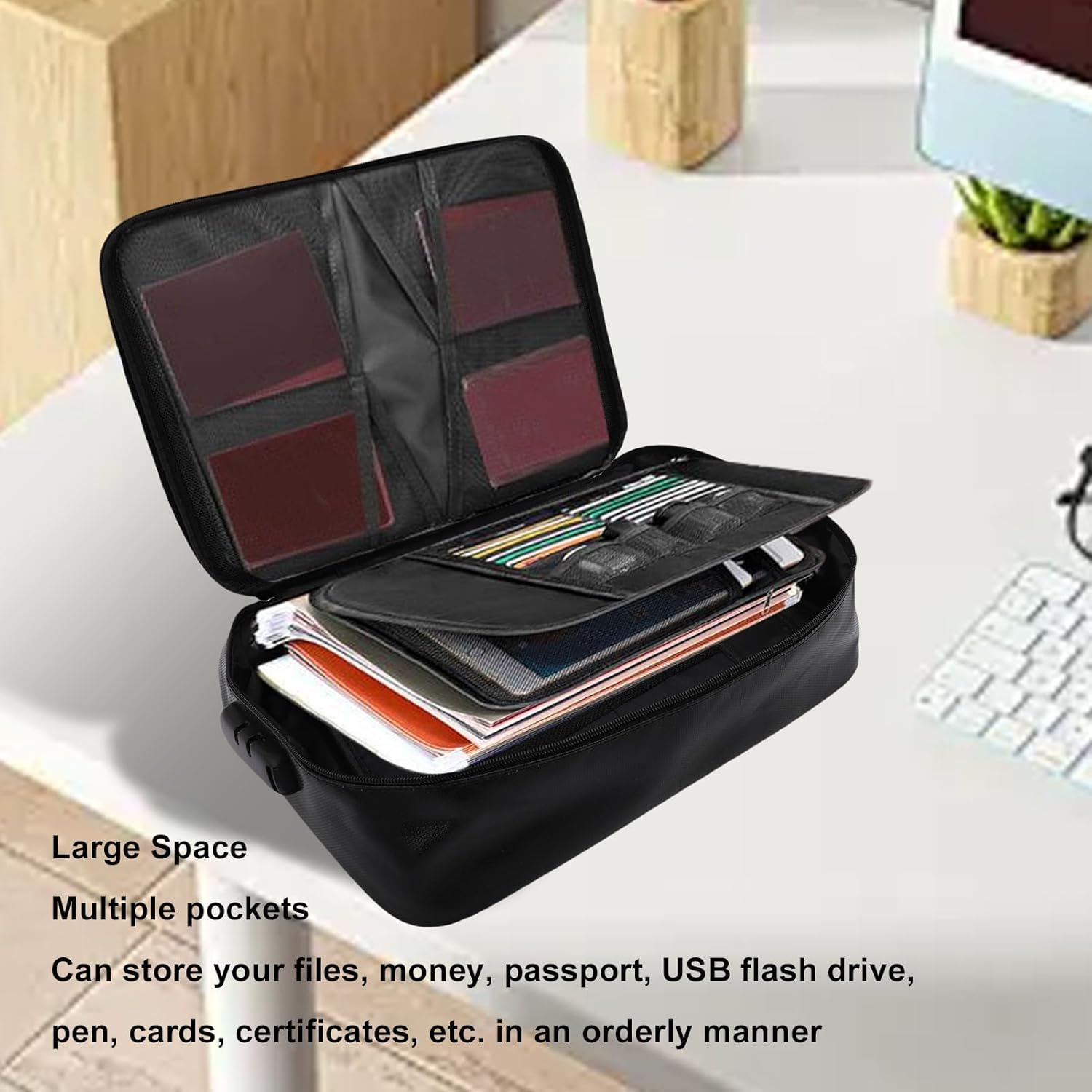 Nurnesy Fireproof Document Bag, Fireproof File Storage Bag, Fireproof Document Organizer with 3 Digit Combination Lock for Passports, Money, image number 4