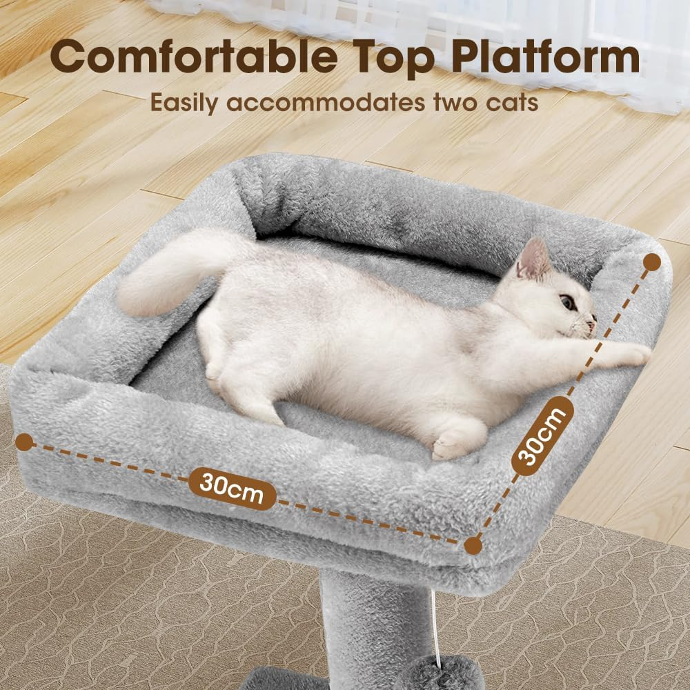 Cat Tower, 125Cm Cat Tree for Indoor Large Cats, Multi-Level Condo with Ladder, Hideaways, Pompoms and Toy, Grey image number 5