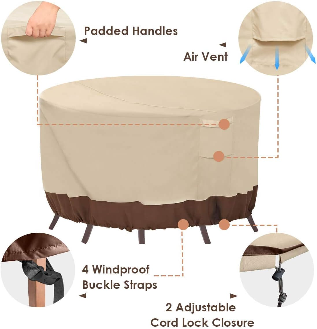 Vailge round Patio Furniture Covers, 100% Waterproof Outdoor Table Chair Set Covers, Anti-Fading Cover for Outdoor Furniture Set, UV Resistant, 62"Diax28"H,Beige & Brown image number 4