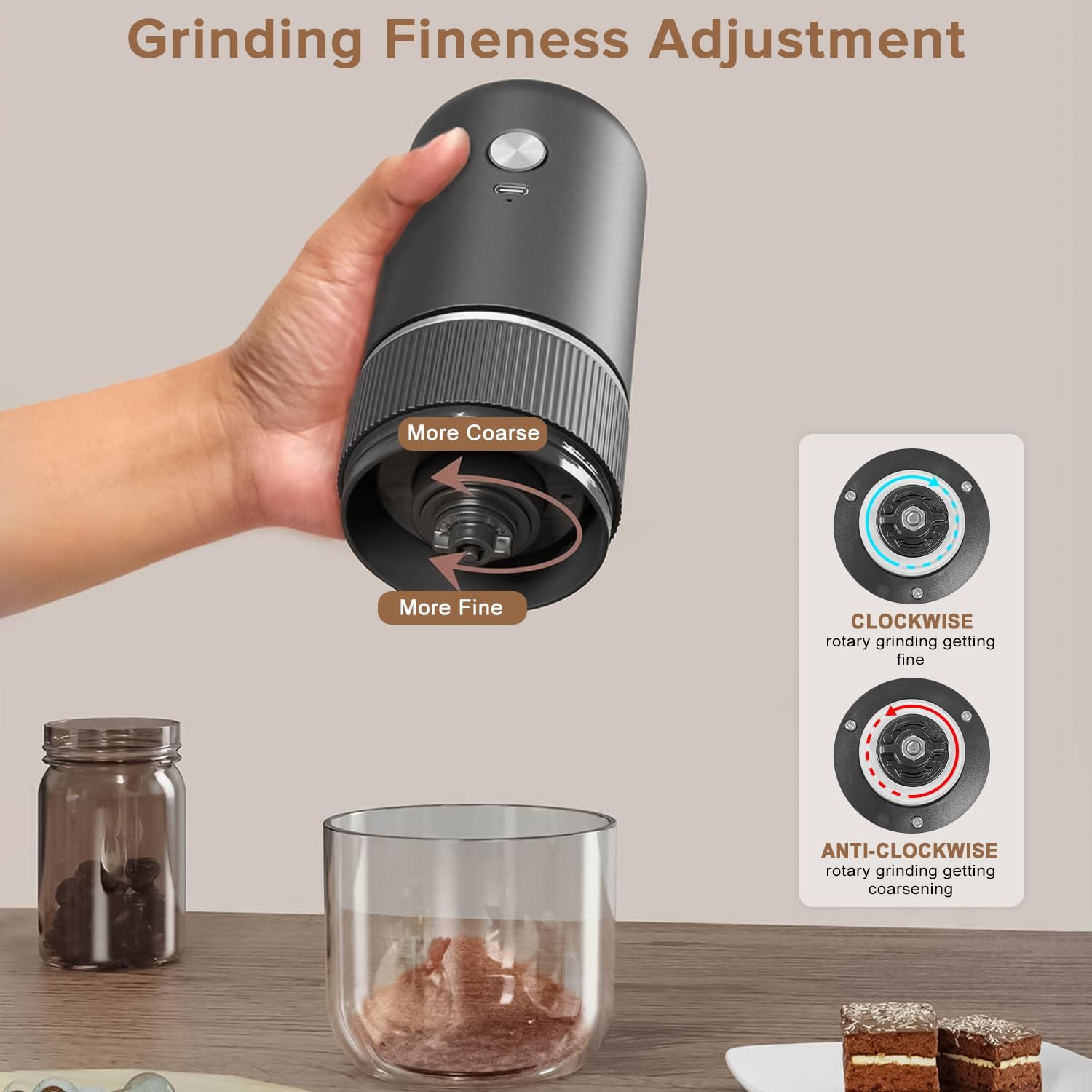 Yakiter Portable Electric Burr Coffee Grinder, Upgraded Version Rechargeable Coffee Bean Mill with Adjustable Precision Grinding, One Touch Button Push Button Operation with Brush(Black) image number 4