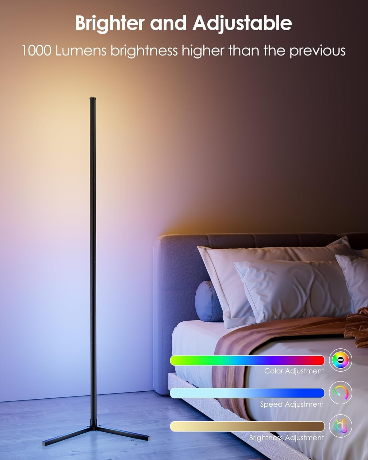 Smart RGB Corner Floor Lamp, 16 Million Colors LED Floor Light with App & Remote Control, 68+ Scene Modes Music Sync for Bedroom, Living Room, Gaming Room, Dimmable Ambient Mood Lighting image number 2