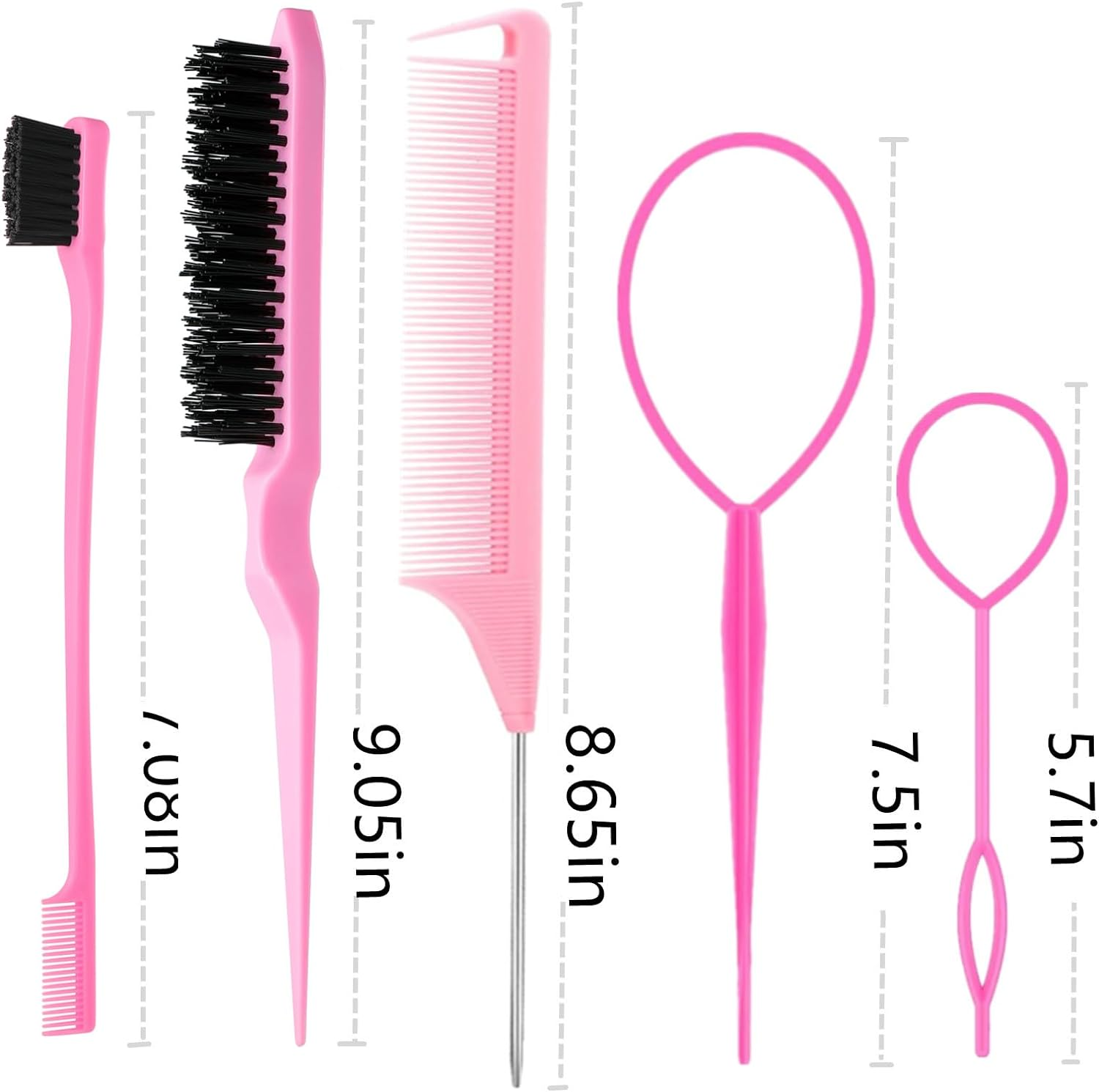 ZVOREI 8Pcs Hair Brushes Set with 4Pcs Topsy Hair Tail Tools 1Pcs Bristle Teasing Hair Brush 1Pcs Edge Control Brush 2Pcs Metal Pin Rat Tail Combs for Woman Girl Styling,Edge&Back Brushing Pink - Black image number 3