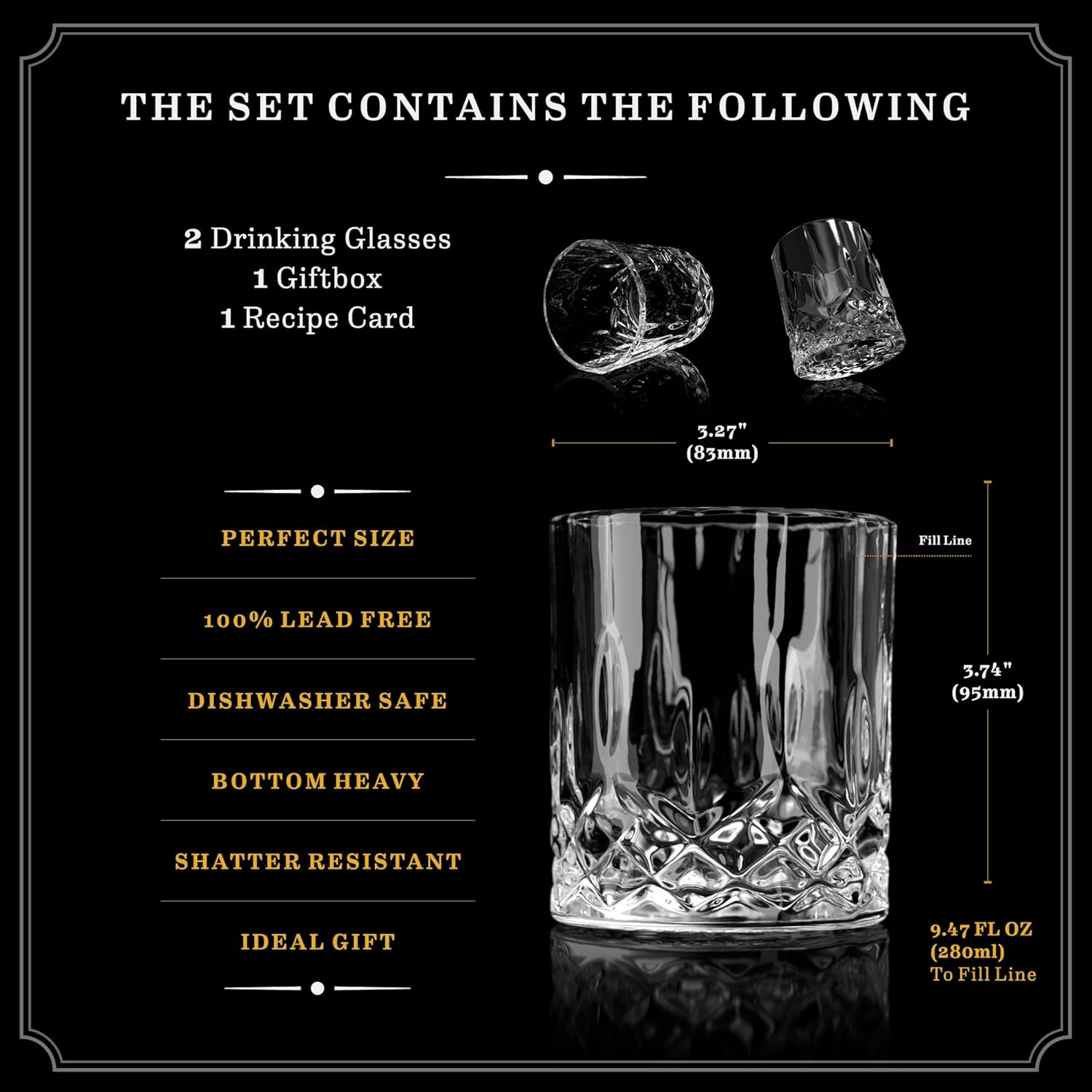 BENESSARI Whiskey Glasses Gift Set - Premium Old Fashioned Whisky Tumbler Gifts for Men or Woman Birthday; Rocks Whiskey Gift Box Set of 2 | Lead-Free Crystal Glasses for Bourbon, Scotch, Cocktail Set
