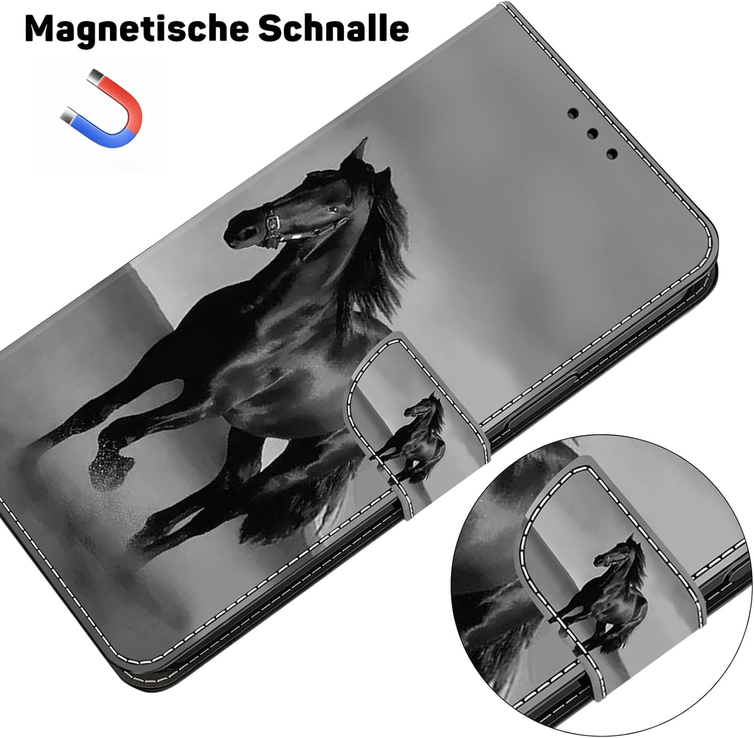 BOLELAW for Iphone 13/14 Mobile Phone Case PU Leather Flip Case Stand Wallet Protective Flip Case Cover with Card Slot, Stand Function, Magnetic Protective Case, Black Horse - Black Horse image number 5