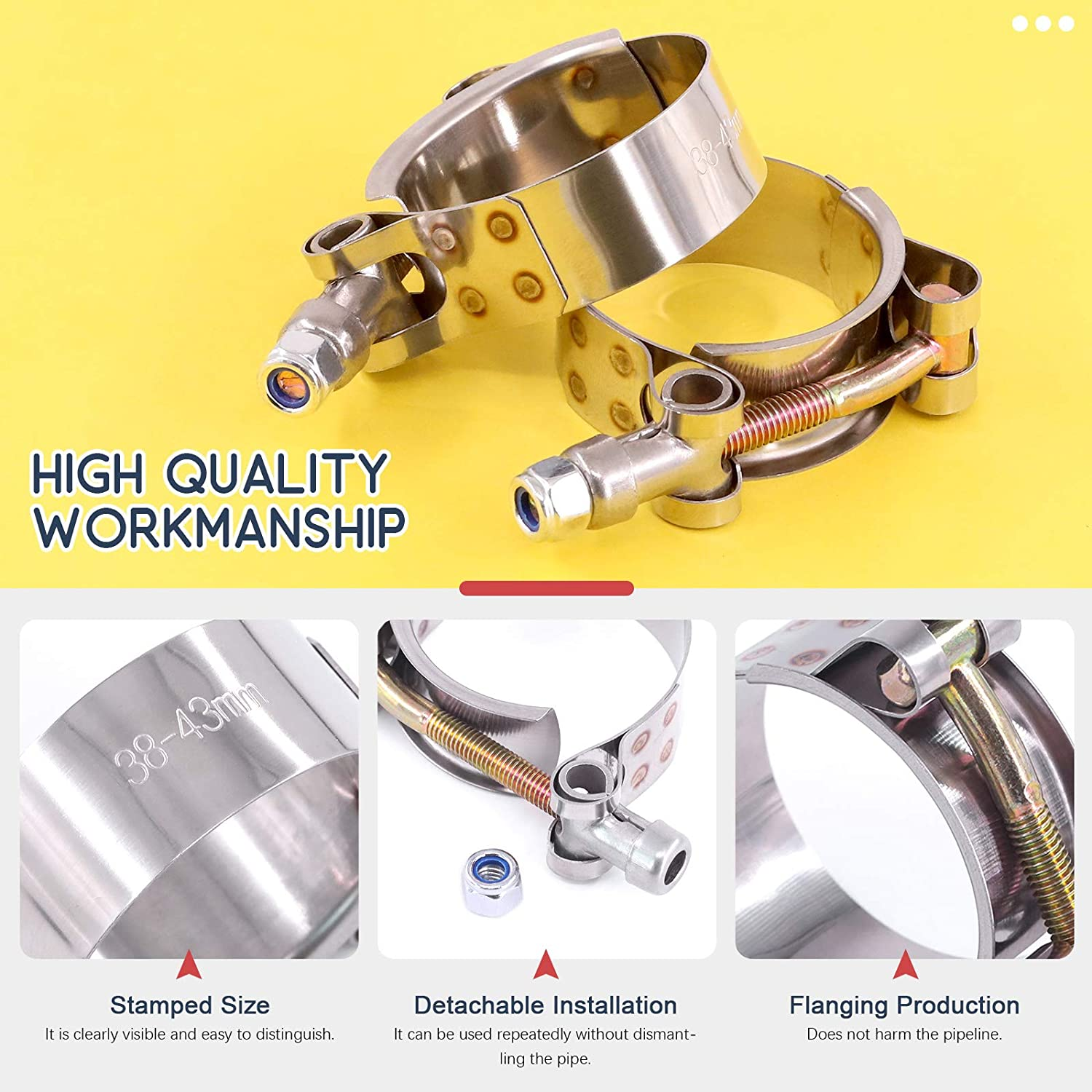 Hilitchi 8Pcs Stainless Steel T-Bolt Clamps with Rounded Band Edges Heavy Duty Turbo Intake Intercooler Clamp (38-43MM) for 1 3/16 Inch image number 5