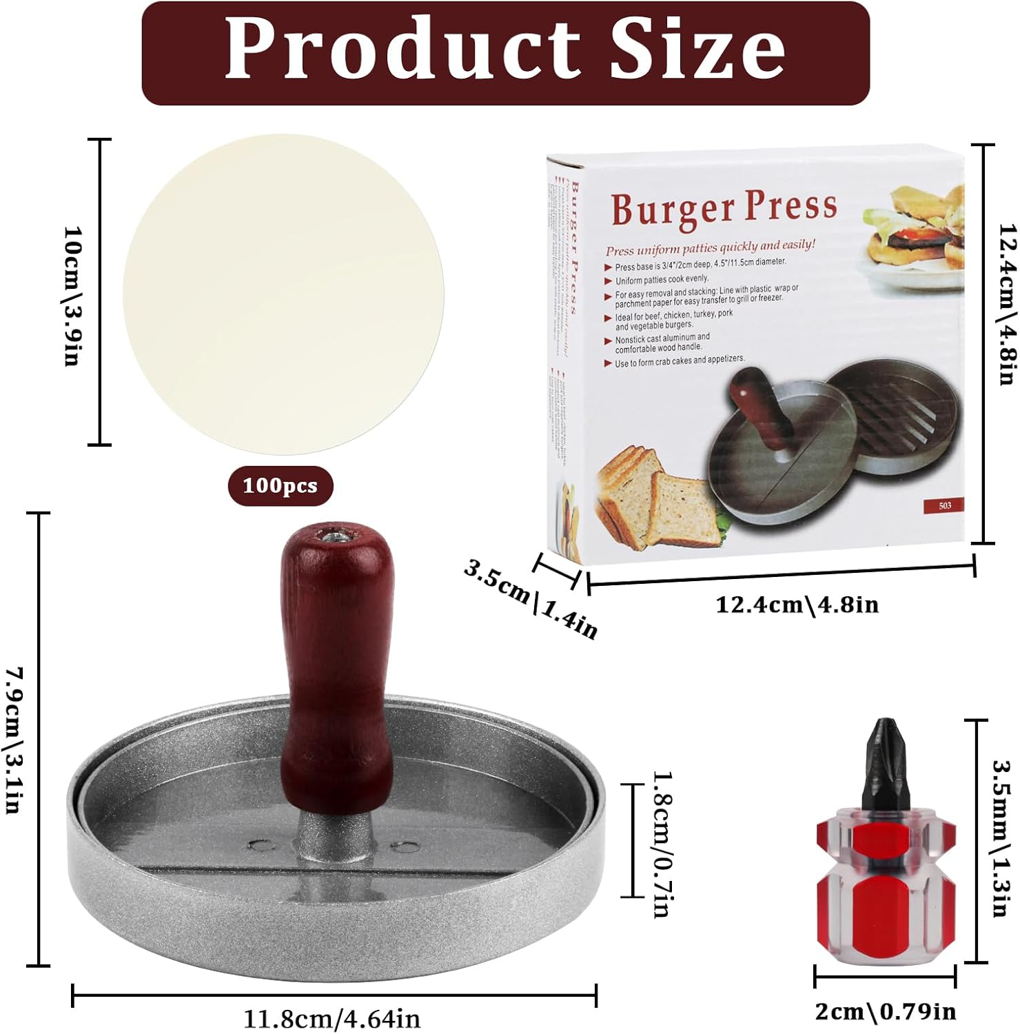 Burger Press, Hamburger Patty Press, Burger Pattie Press, Aluminium Burger Patty Maker Mould, Hamburger Patty Maker Non-Stick for BBQ Patties Hamburger Maker, with 100 Silicone Paper image number 5