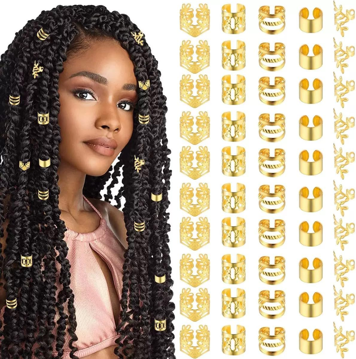 TSUOUKL Pack of 50 Golden Hair Clips for Braids and Dreadlocks, Loc Jewellery and Cuff Clips for Men, Women, Girls and Boys - Versatile Hair Accessories for Styling and Accessories image number 2