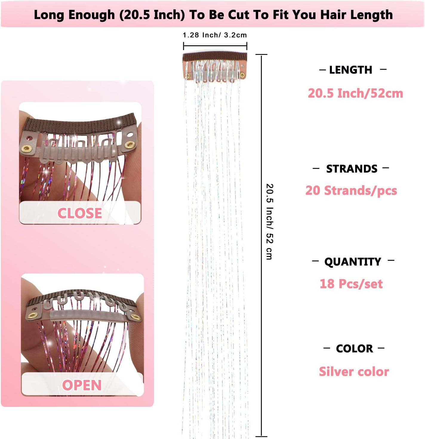 Obinying Hair Tinsel Pack of 18 Pcs Hair Tinsel Clip in 20.5 Inch Glitter Tinsel Hair Extensions Clip in Hair Tinsel Kit Party Festival Fairy Hair Accessories for Girls Women Kids (Silver) image number 7